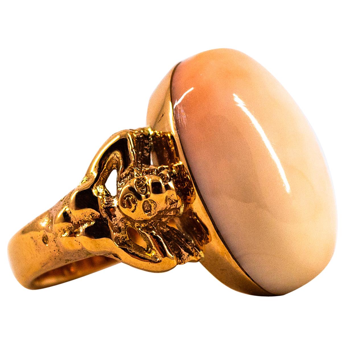 Art Deco Style 17.50 Carat Pink Cabochon Cut Coral Yellow Gold Cocktail Ring For Sale