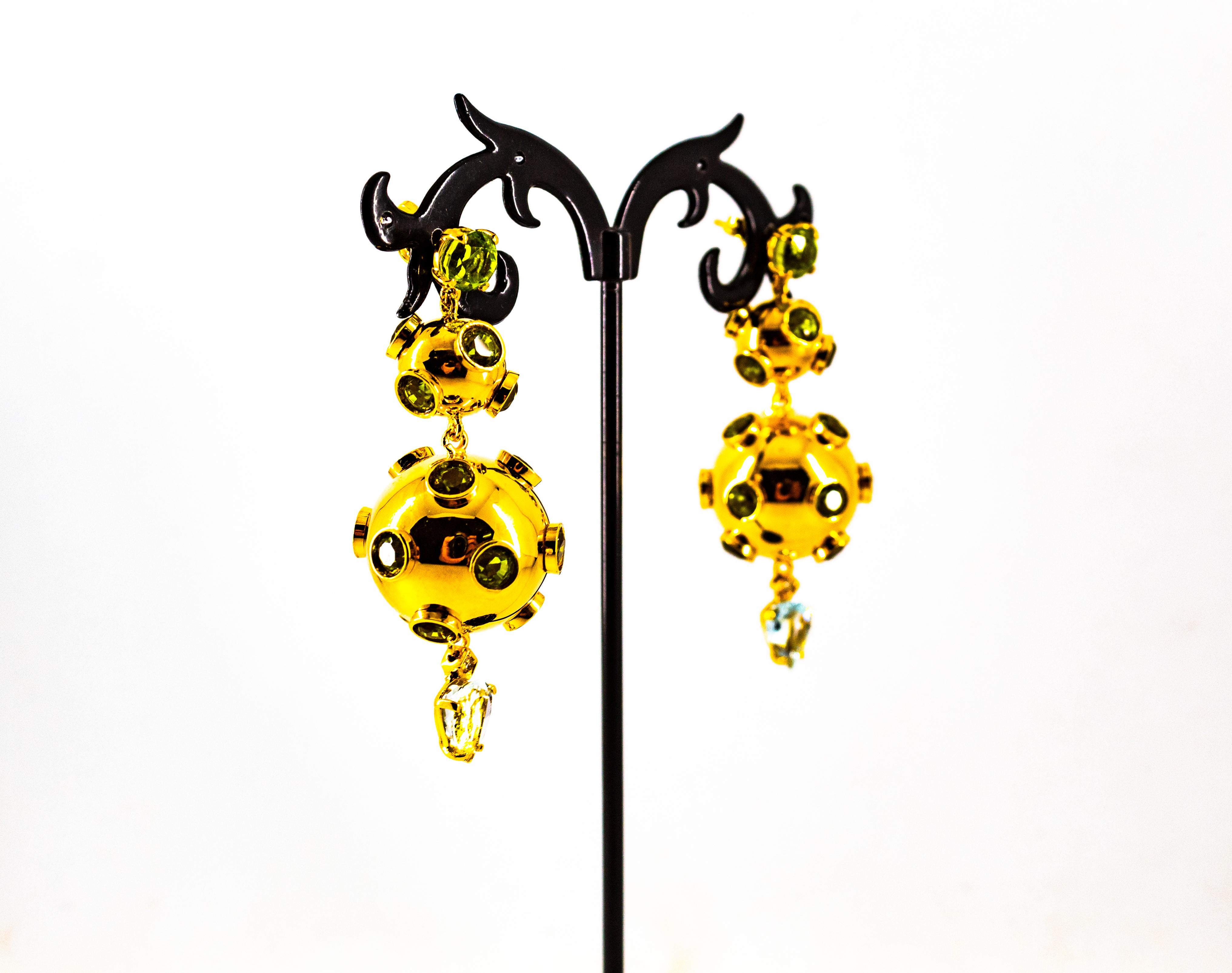 Art Deco Style 17.65 Carat White Diamond Aquamarine Peridot Yellow Gold Earrings For Sale 7