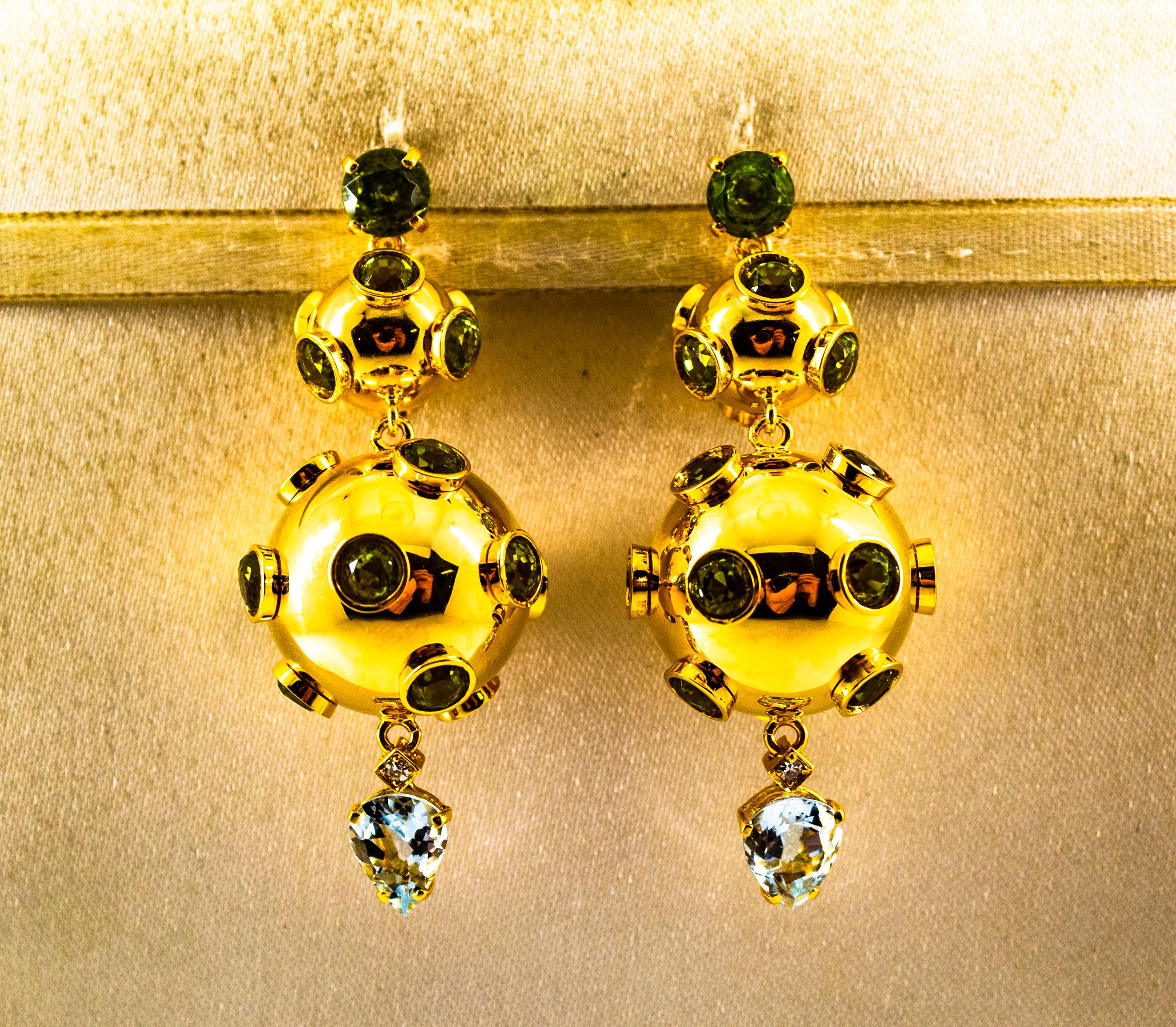 Brilliant Cut Art Deco Style 17.65 Carat White Diamond Aquamarine Peridot Yellow Gold Earrings For Sale
