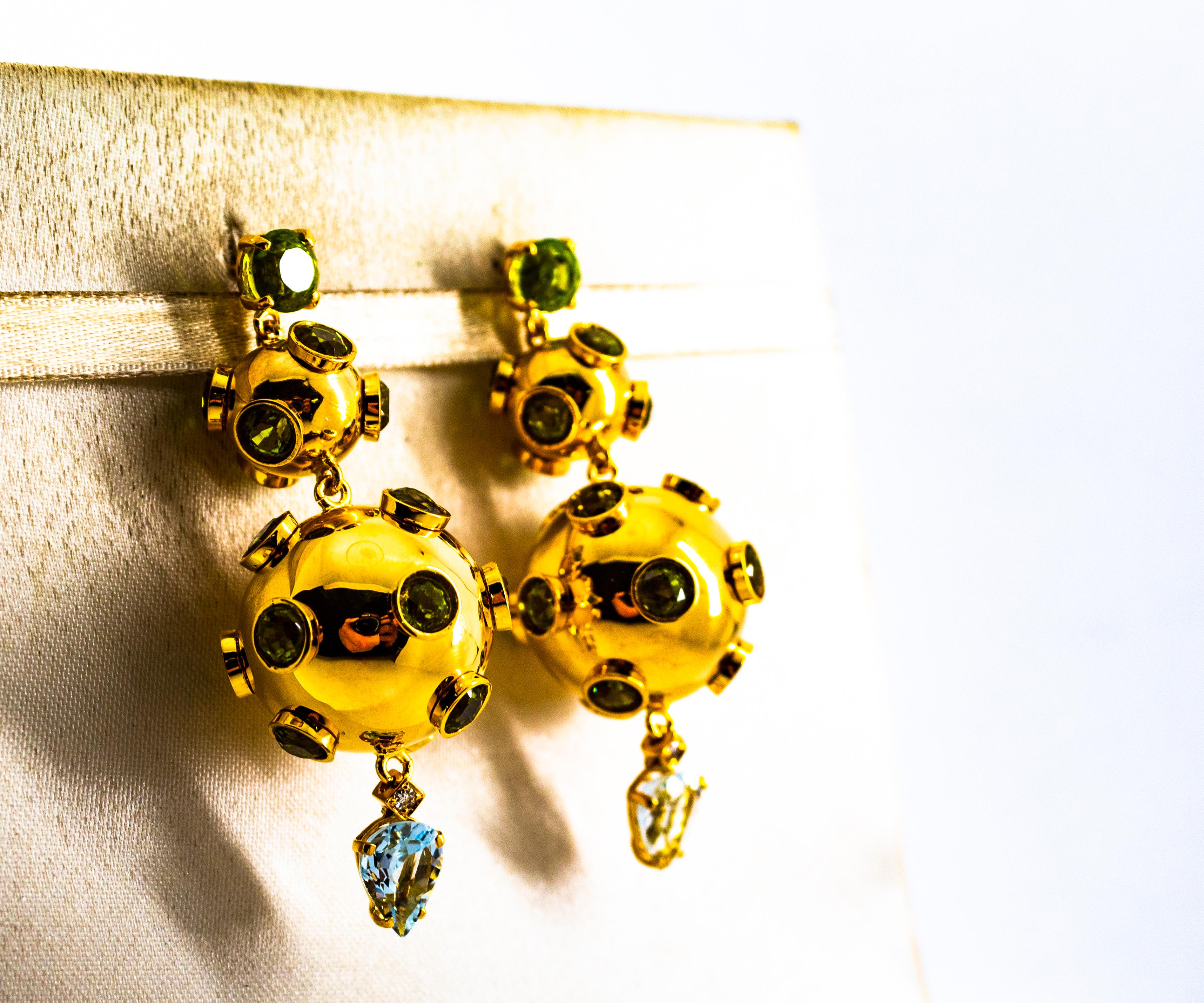 Women's or Men's Art Deco Style 17.65 Carat White Diamond Aquamarine Peridot Yellow Gold Earrings For Sale