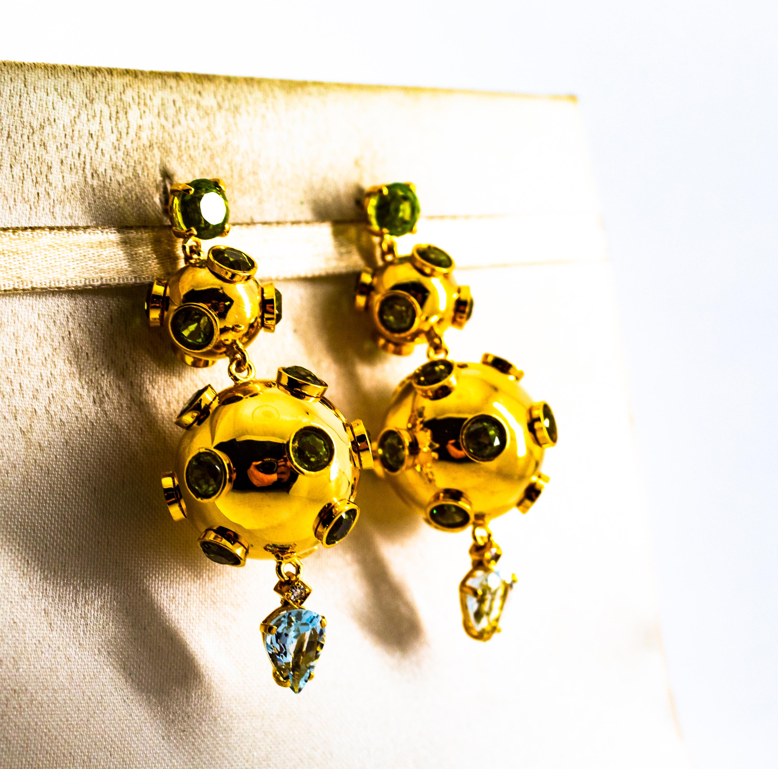 Art Deco Style 17.65 Carat White Diamond Aquamarine Peridot Yellow Gold Earrings For Sale 1