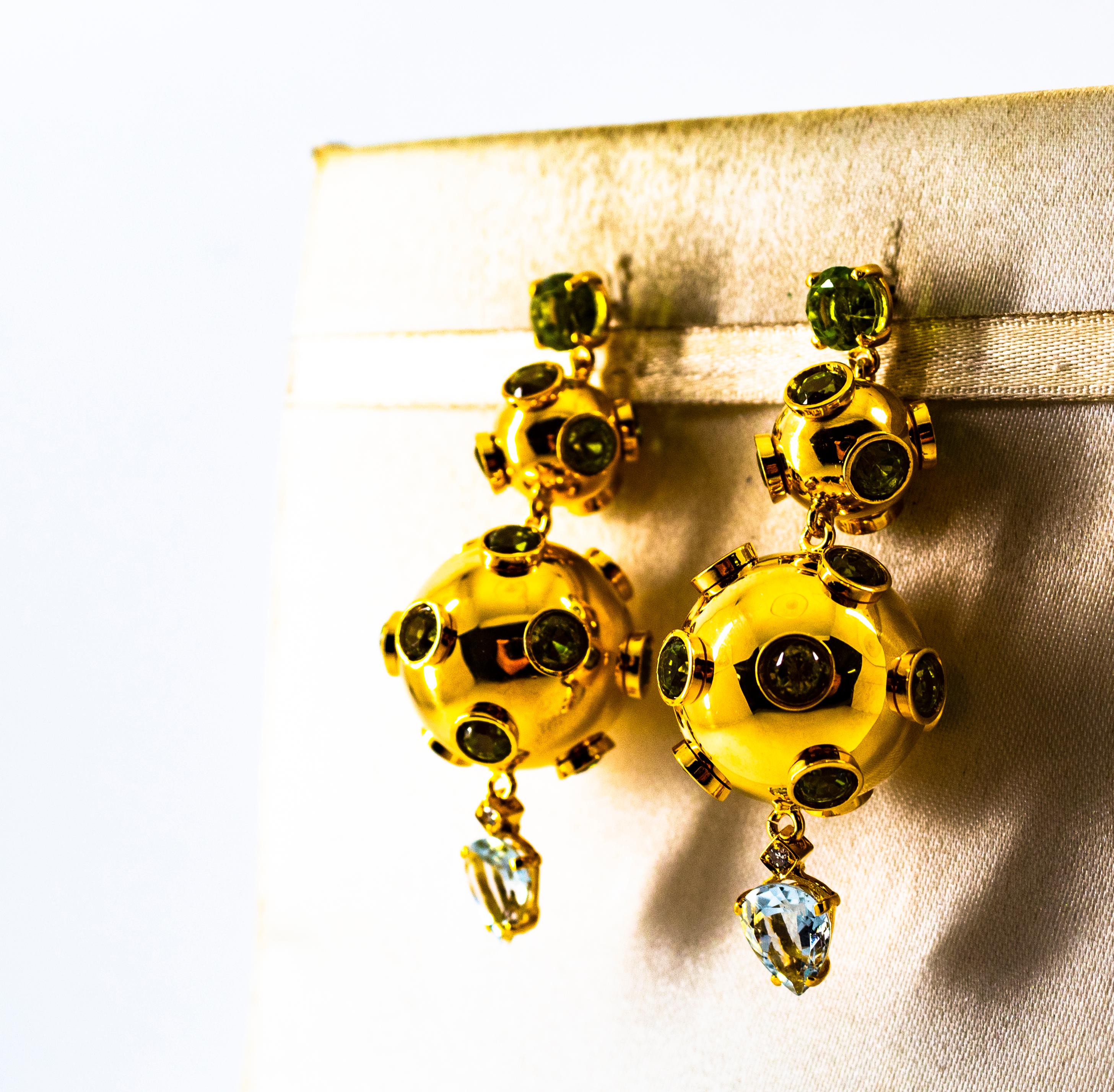 Art Deco Style 17.65 Carat White Diamond Aquamarine Peridot Yellow Gold Earrings For Sale 2