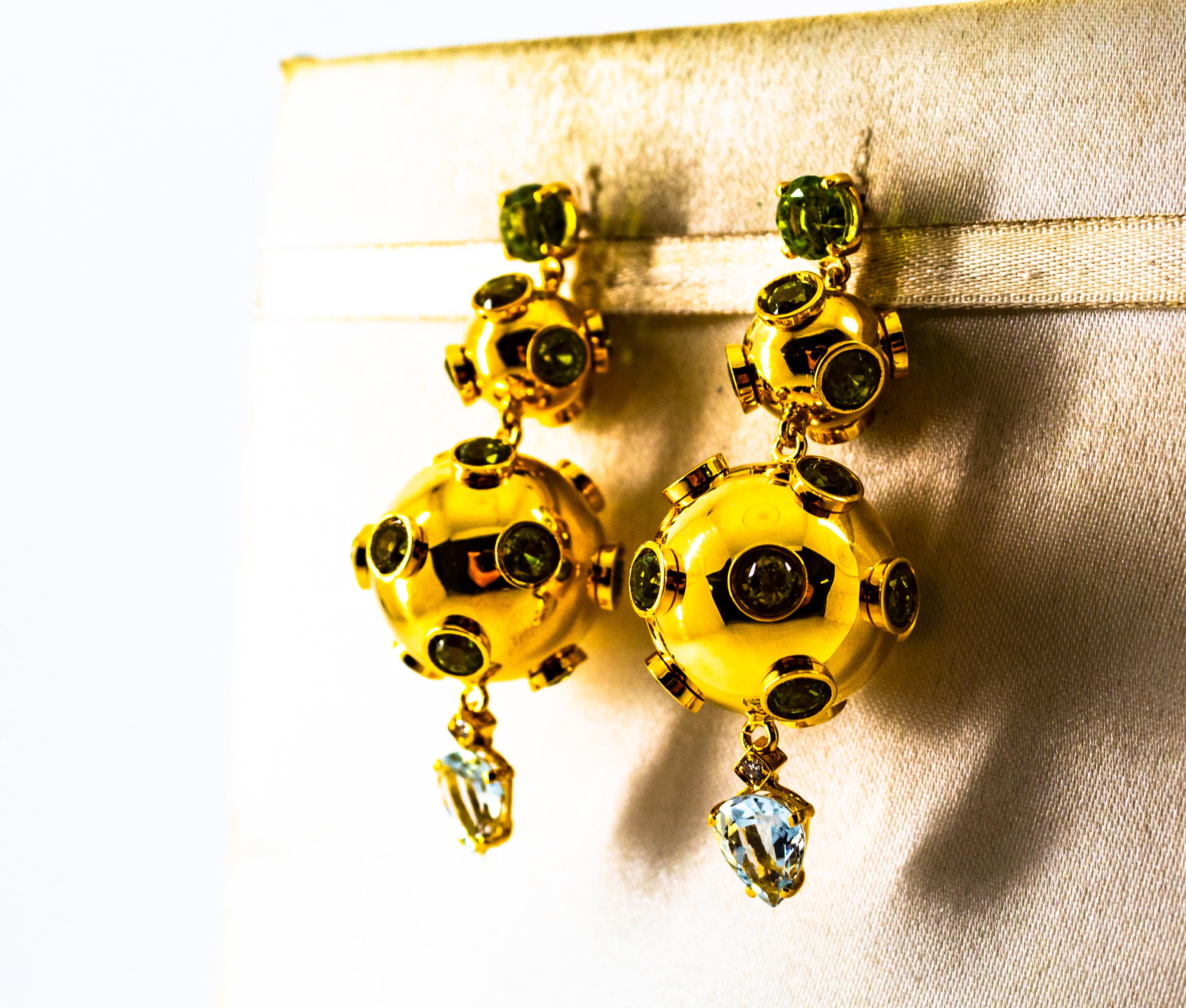 Art Deco Style 17.65 Carat White Diamond Aquamarine Peridot Yellow Gold Earrings For Sale 3