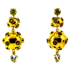 Art Deco Style 17.65 Carat White Diamond Aquamarine Peridot Yellow Gold Earrings