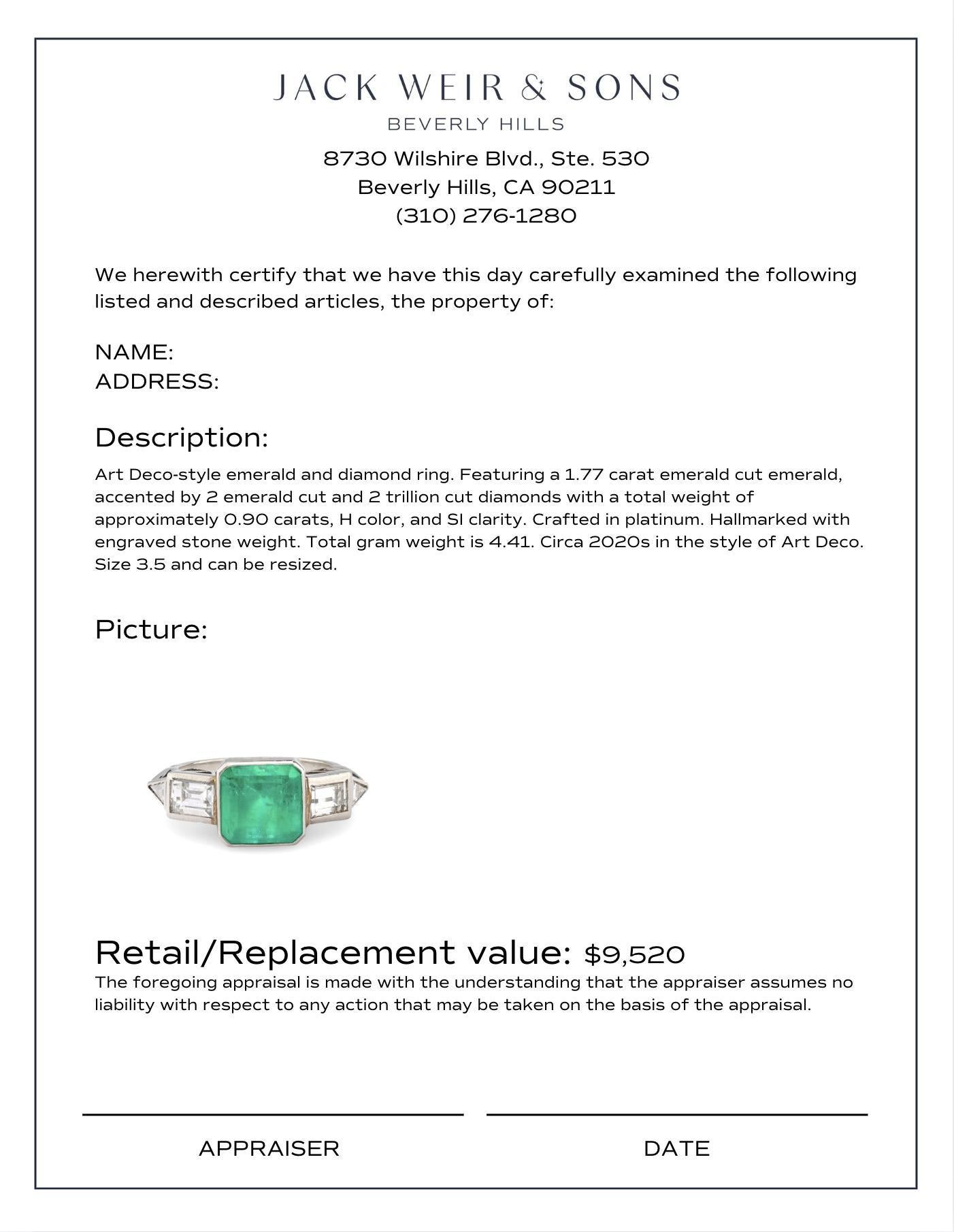Platinring im Art-Déco-Stil mit 1,77 Karat Smaragd und Diamant im Zustand „Hervorragend“ im Angebot in Beverly Hills, CA