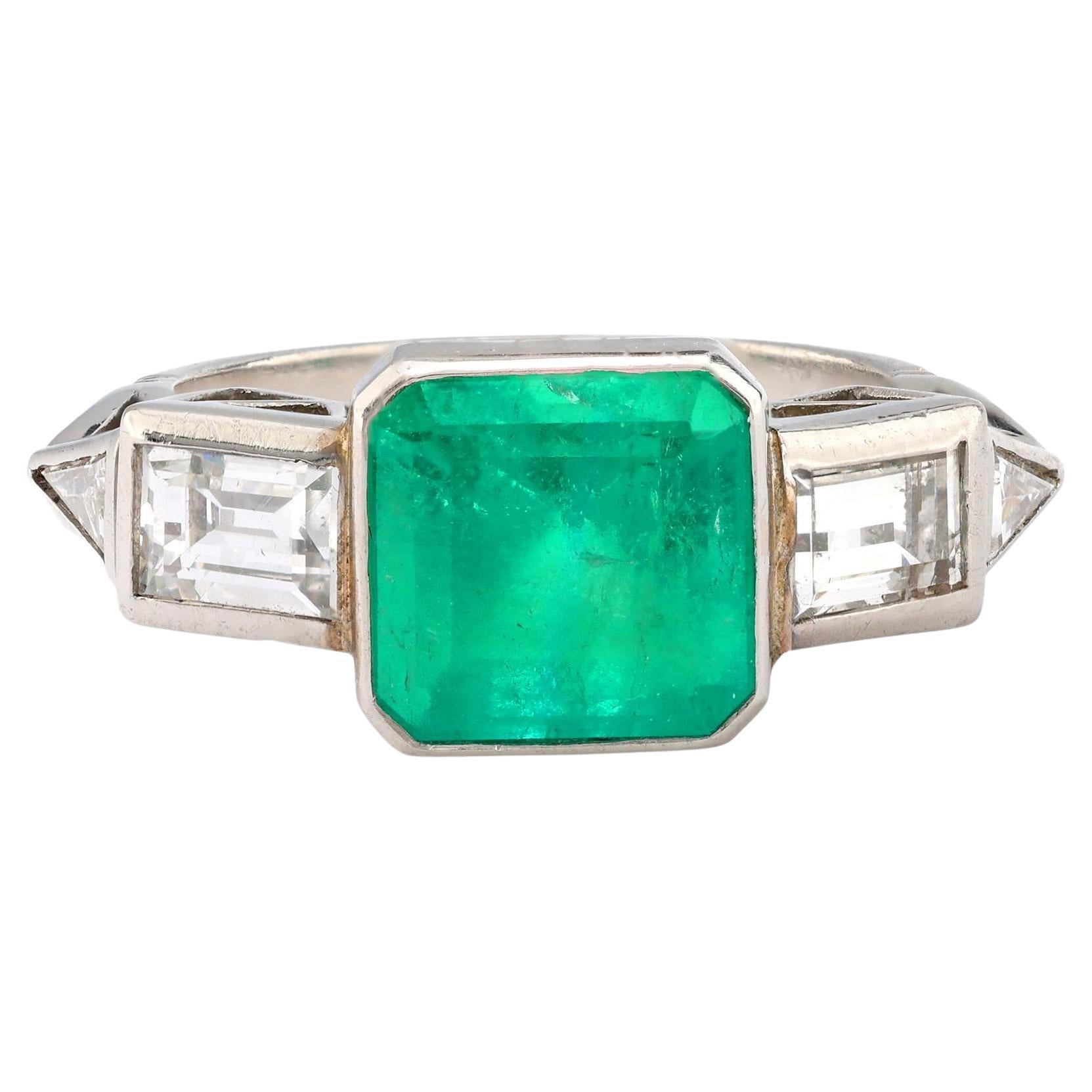 Art Deco style 1.77 carat emerald diamond platinum ring