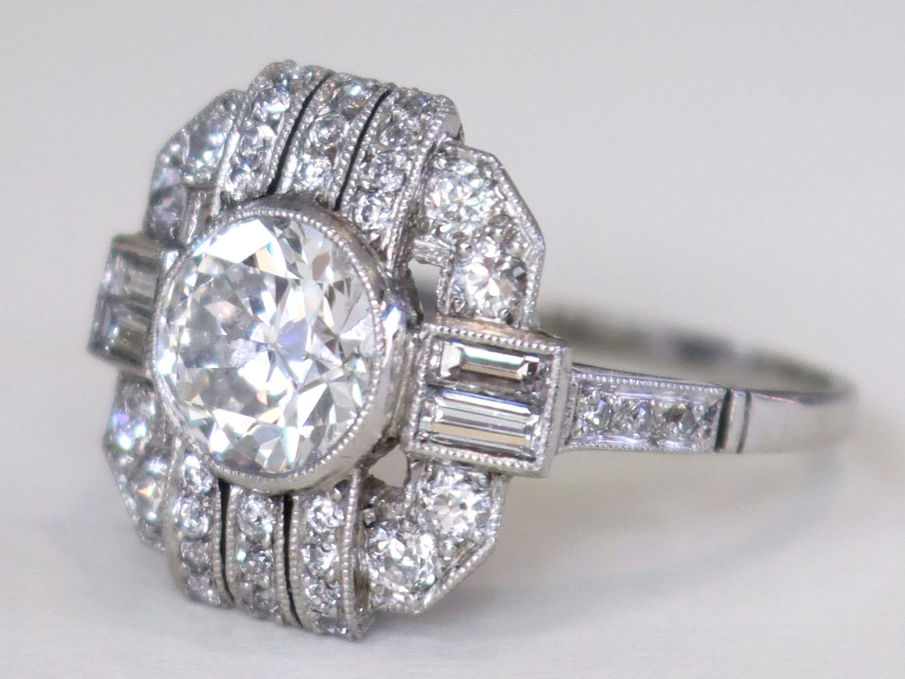 Old European Cut Art Deco Style 1.78 Carat Diamond and Platinum Cocktail Ring For Sale