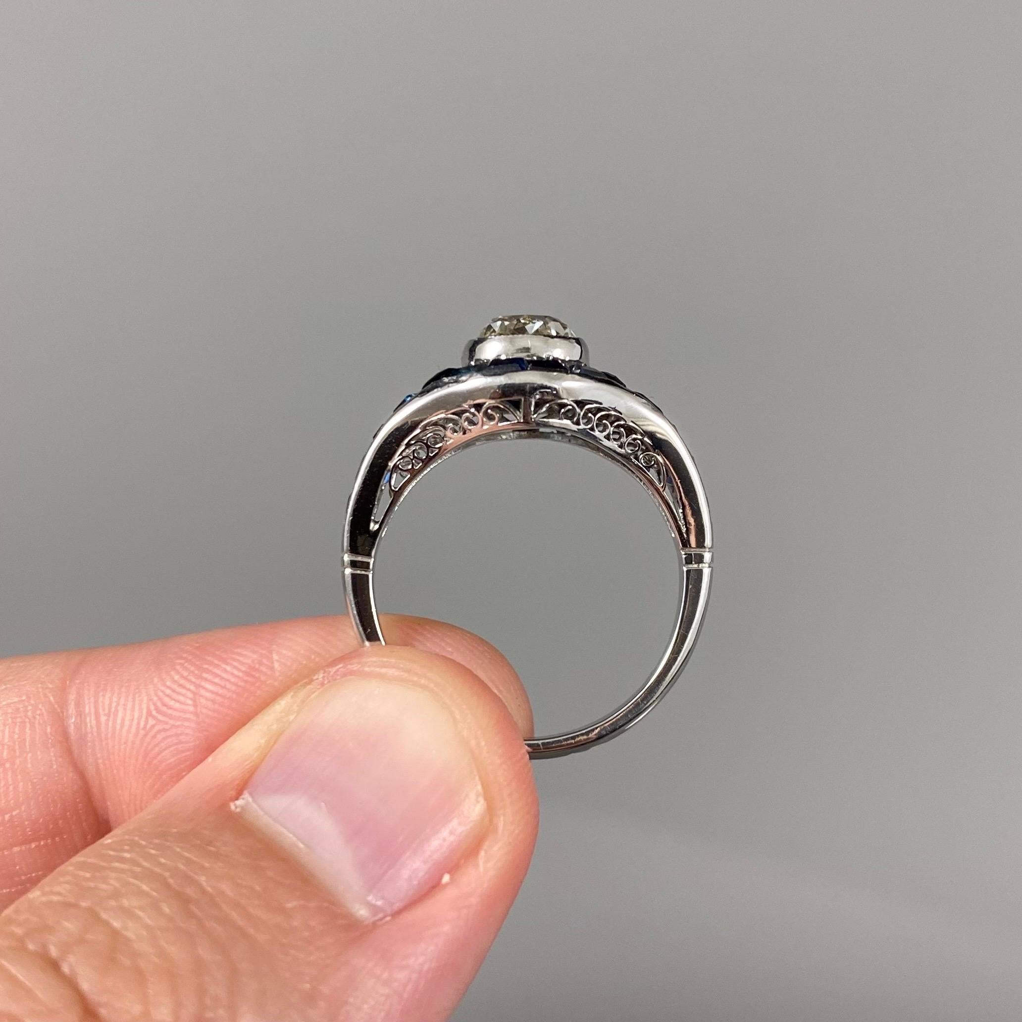 Art Deco Style 1.8 Carat Old Mine Cut Diamond Sapphire Engagement Ring Platinum 6