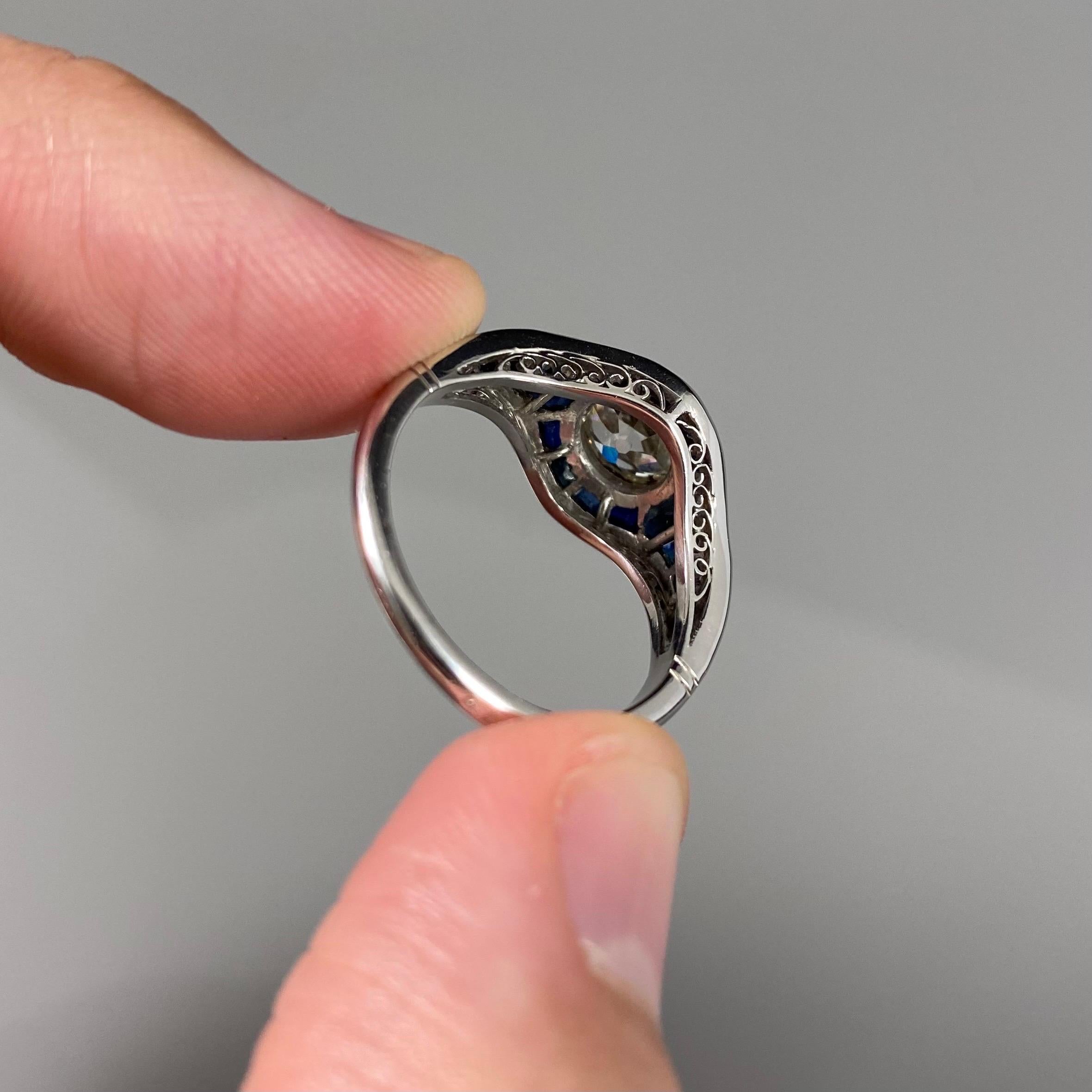 Art Deco Style 1.8 Carat Old Mine Cut Diamond Sapphire Engagement Ring Platinum 7
