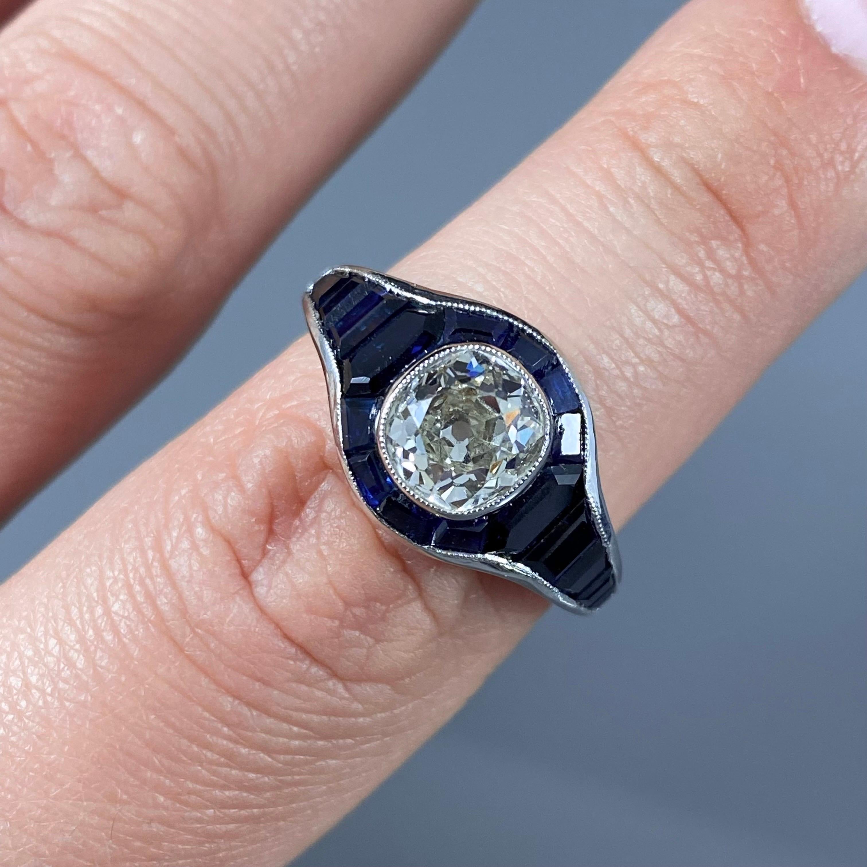 Art Deco Style 1.8 Carat Old Mine Cut Diamond Sapphire Engagement Ring Platinum 2