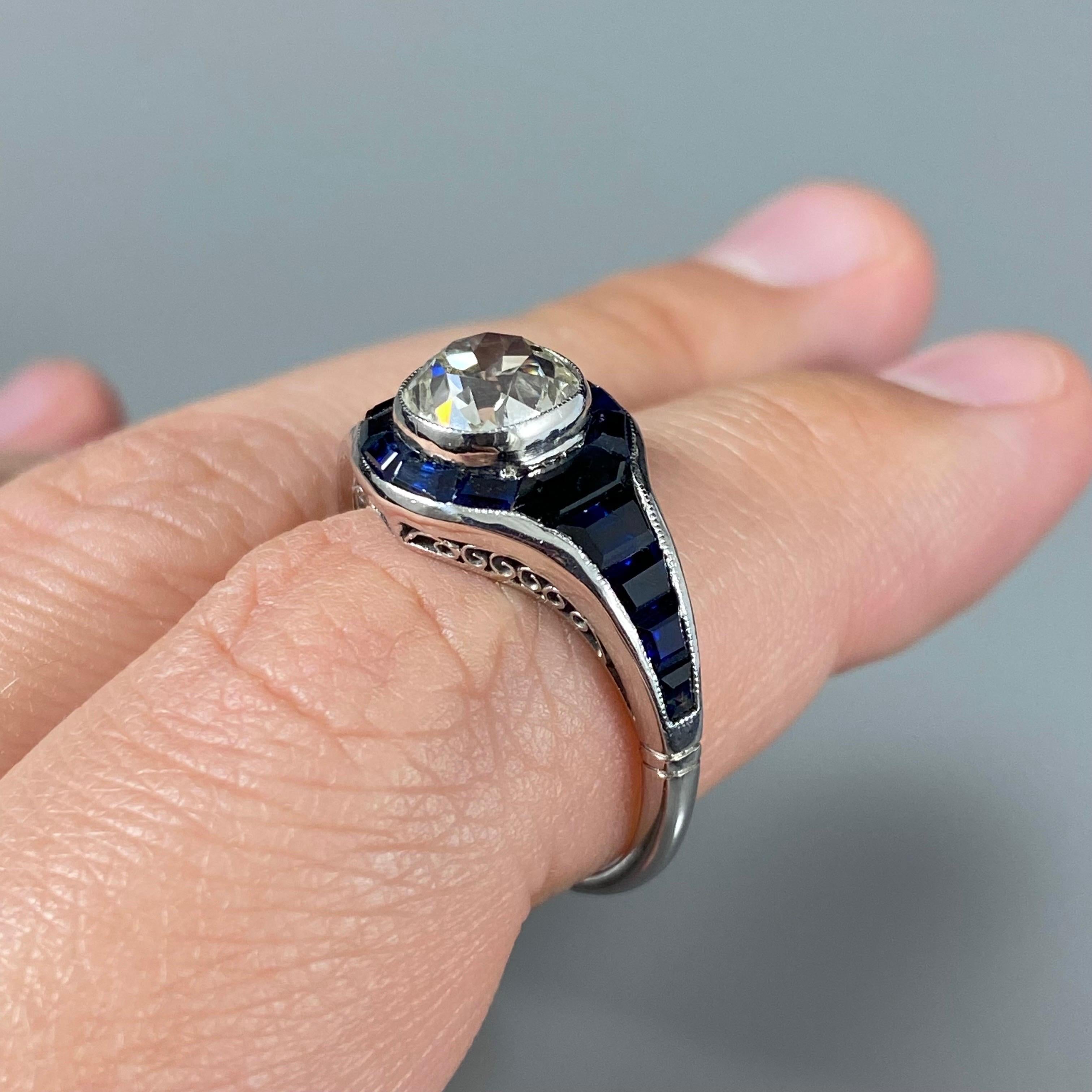 Art Deco Style 1.8 Carat Old Mine Cut Diamond Sapphire Engagement Ring Platinum 3