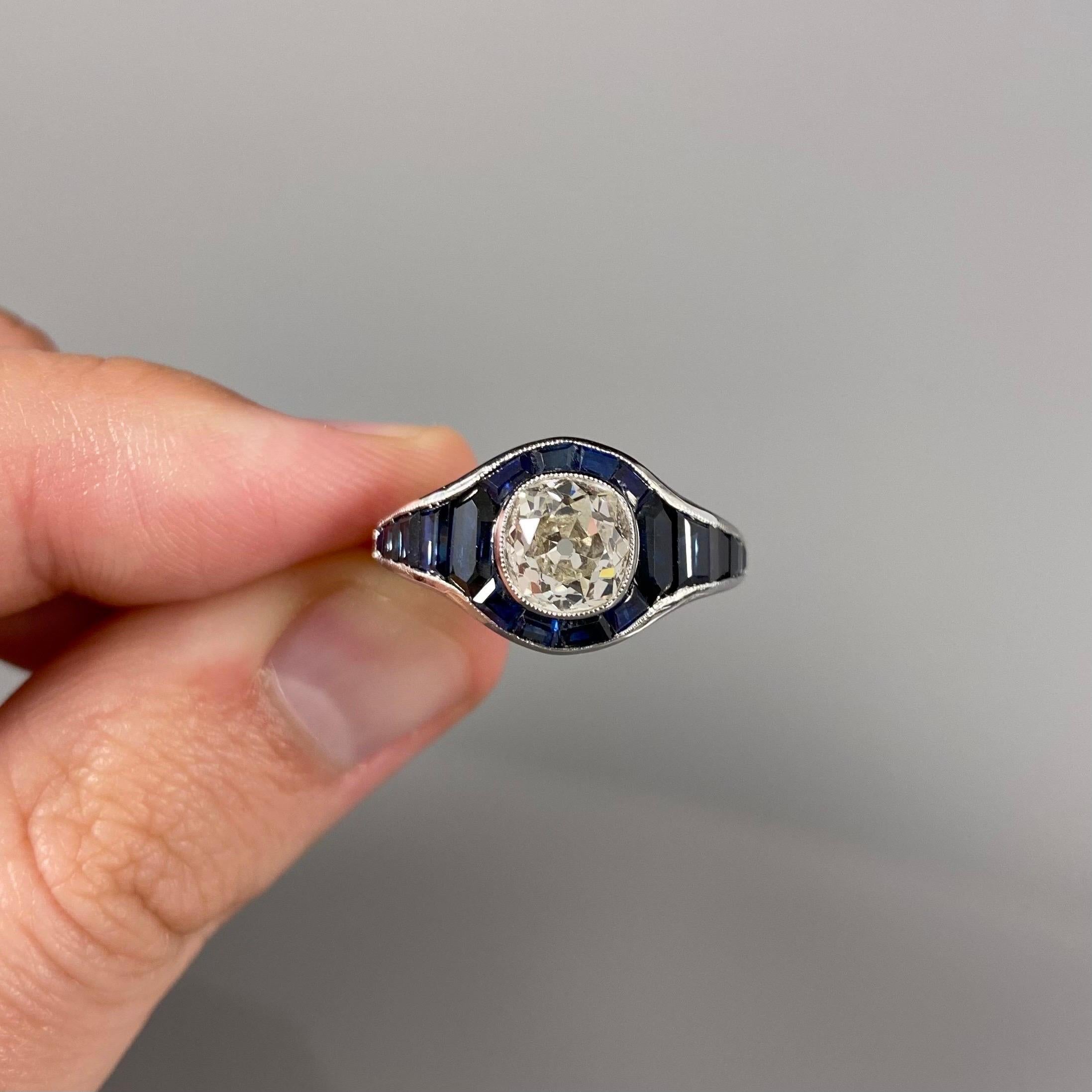 Art Deco Style 1.8 Carat Old Mine Cut Diamond Sapphire Engagement Ring Platinum 4