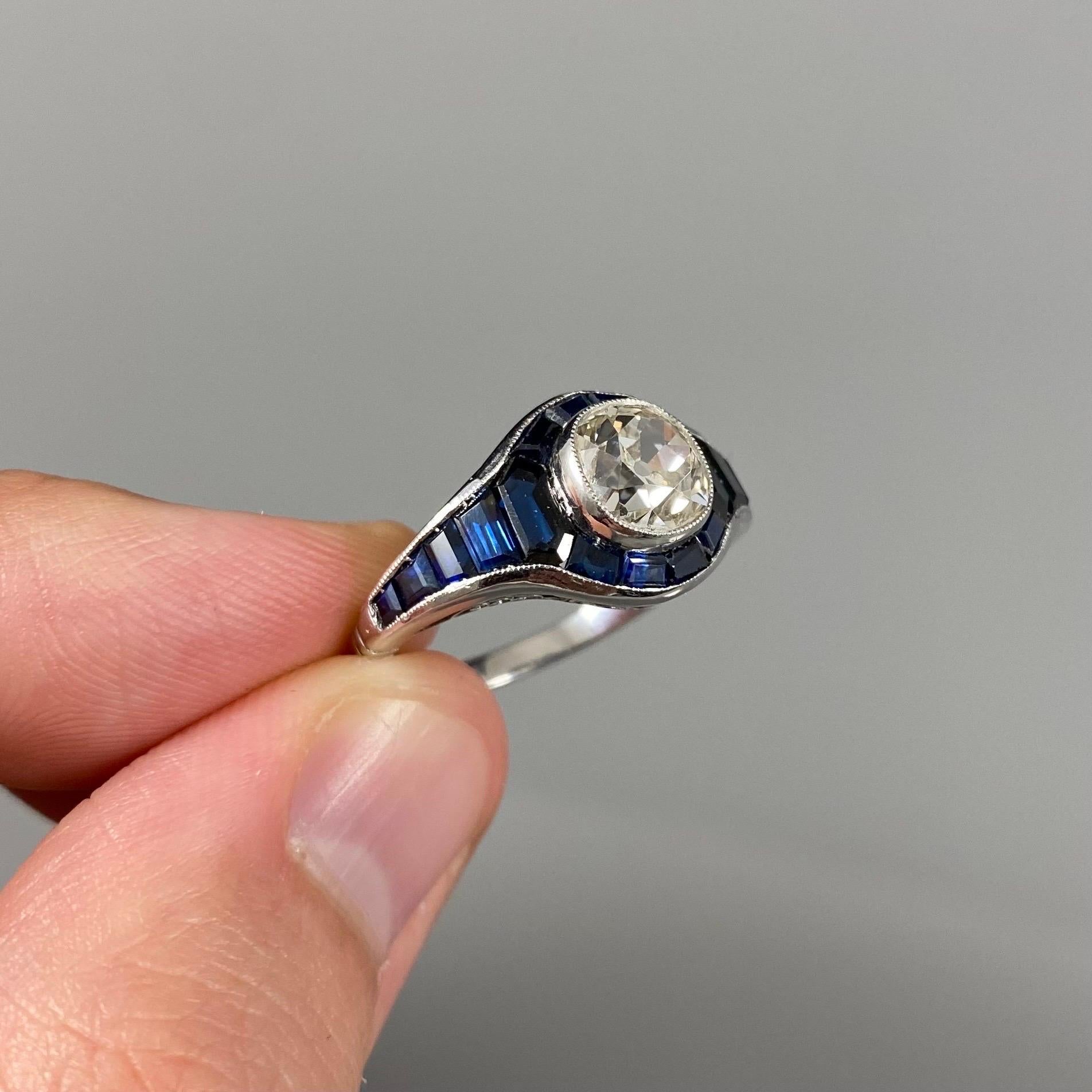 Art Deco Style 1.8 Carat Old Mine Cut Diamond Sapphire Engagement Ring Platinum 5