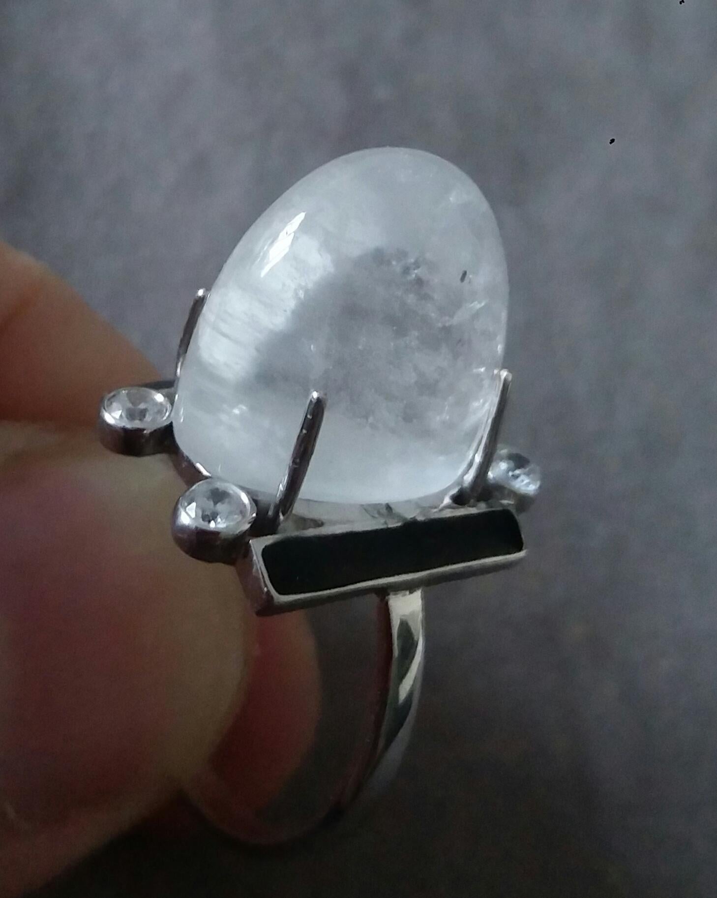 Art Deco Style 18 Carat Oval Natural Quartz  Diamonds 14k Gold Black Enamel Ring For Sale 5