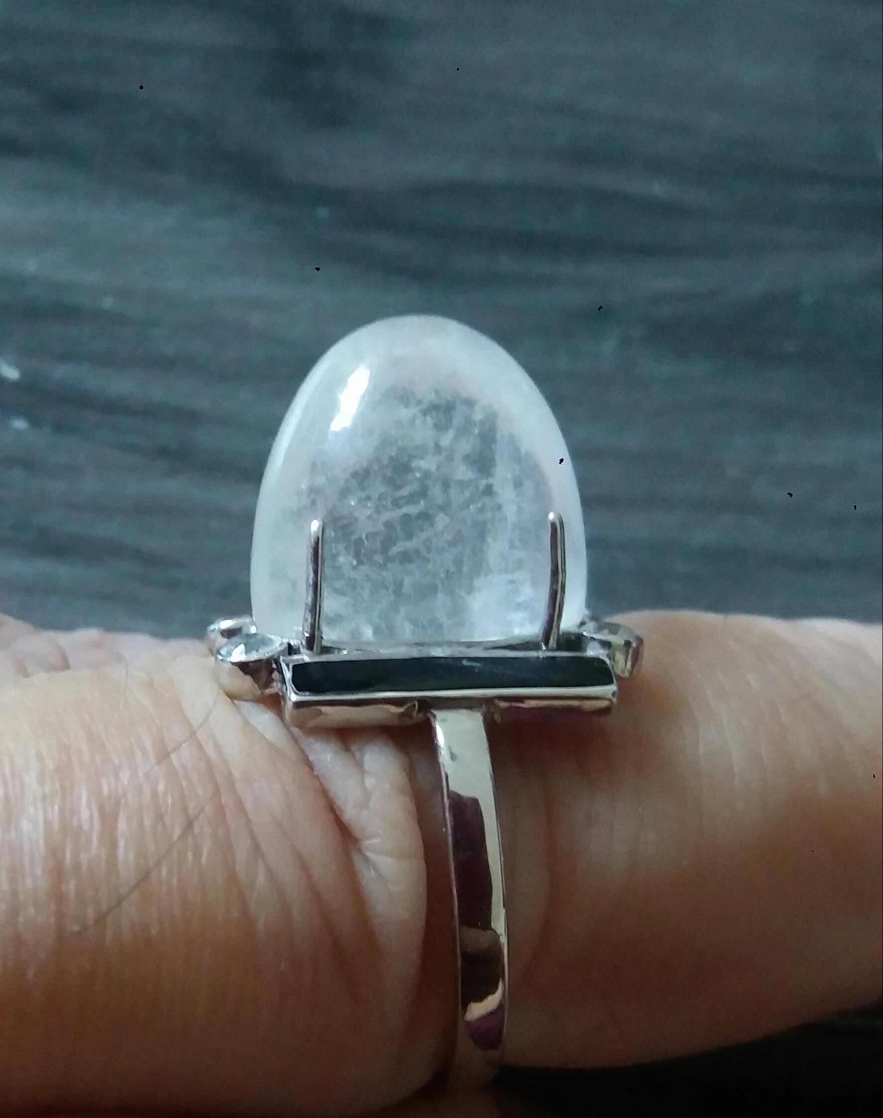 Art Deco Style 18 Carat Oval Natural Quartz  Diamonds 14k Gold Black Enamel Ring For Sale 10