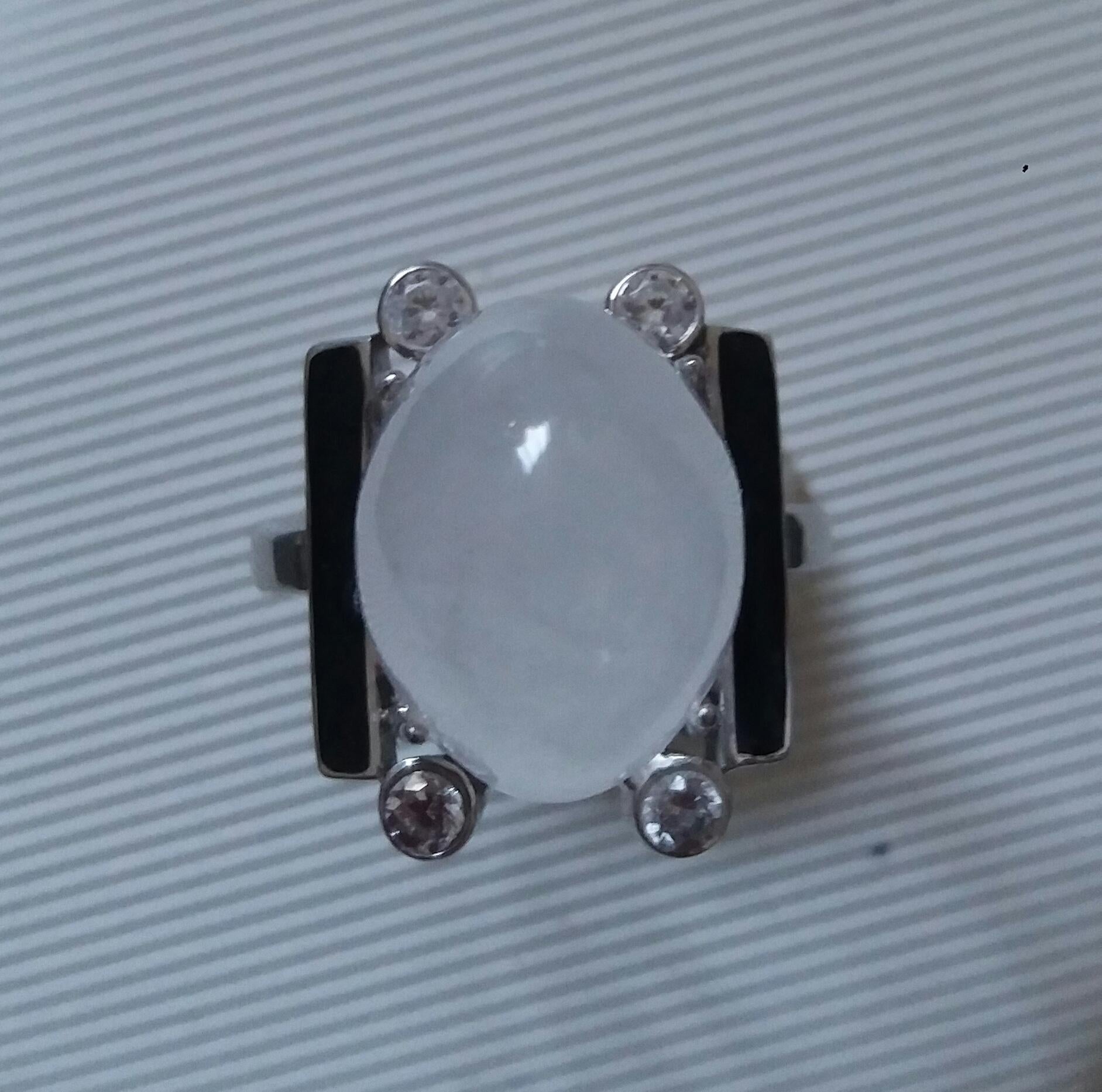 Art Deco Style 18 Carat Oval Natural Quartz  Diamonds 14k Gold Black Enamel Ring For Sale 14