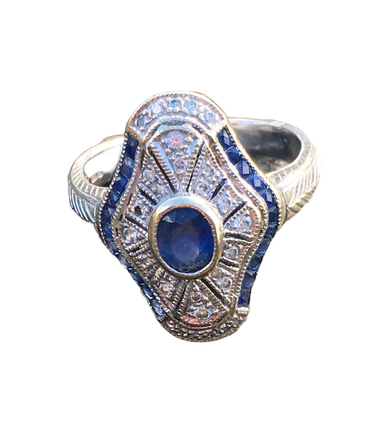 Art Deco style 18 ct white gold sapphire and diamond panel ring For Sale 4