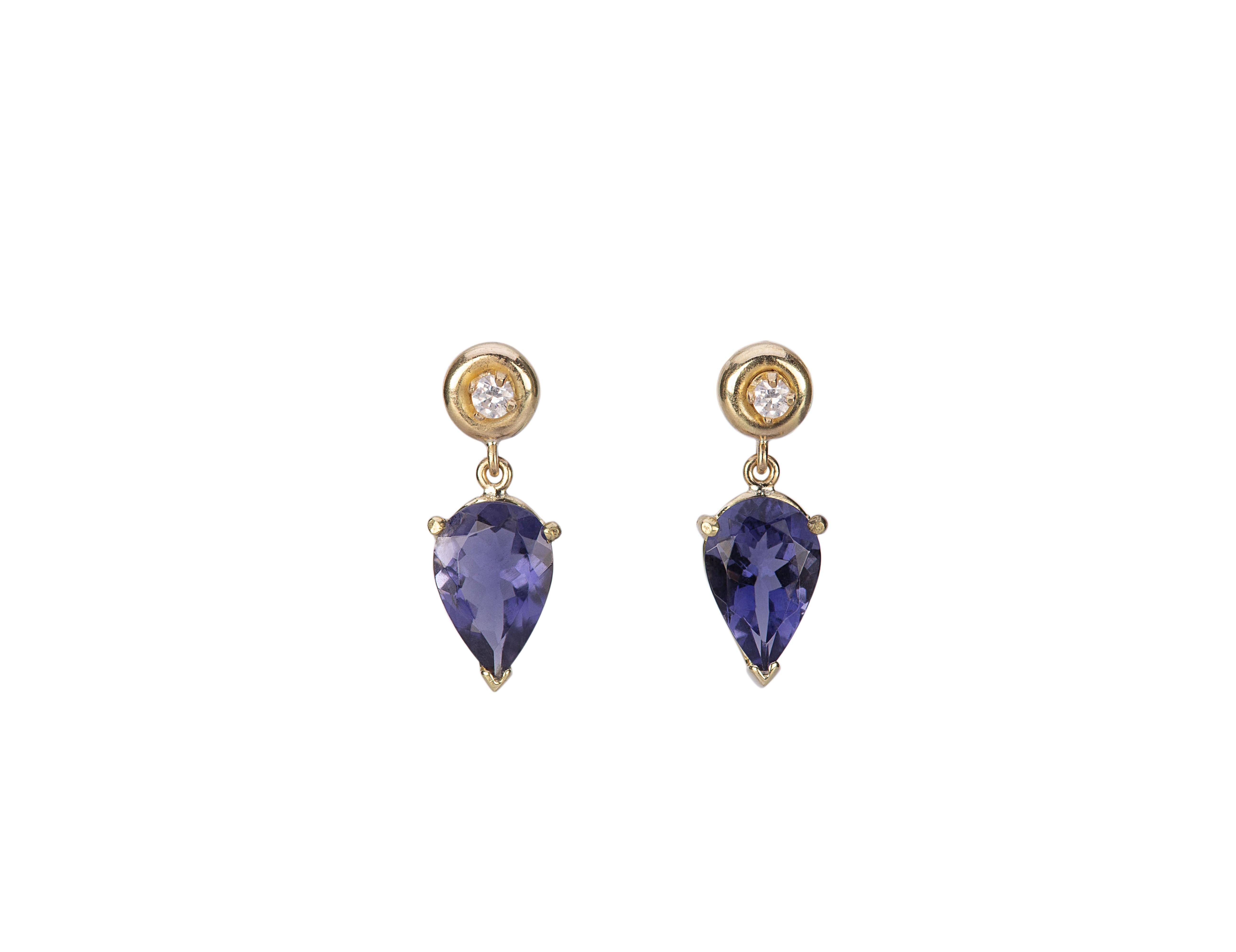 Boucles d'oreilles en goutte de style Art déco en or jaune 18 carats avec iolite bleue et diamants gris de 0,10 carat en vente 3