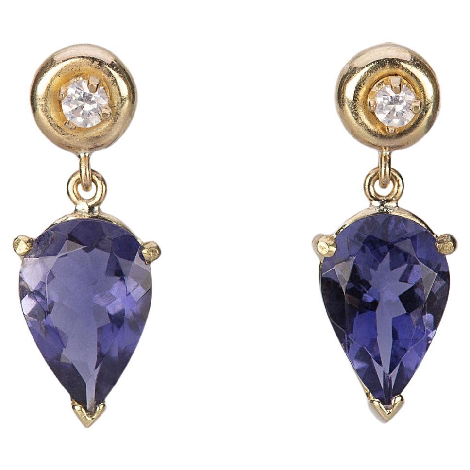 Art Deco Style 18 Karat 0.10 Grey Diamonds Yellow Gold Blu Iolite Drop Earrings For Sale