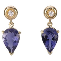 Art Deco Style 18 Karat 0.10 Grey Diamonds Yellow Gold Blu Iolite Drop Earrings