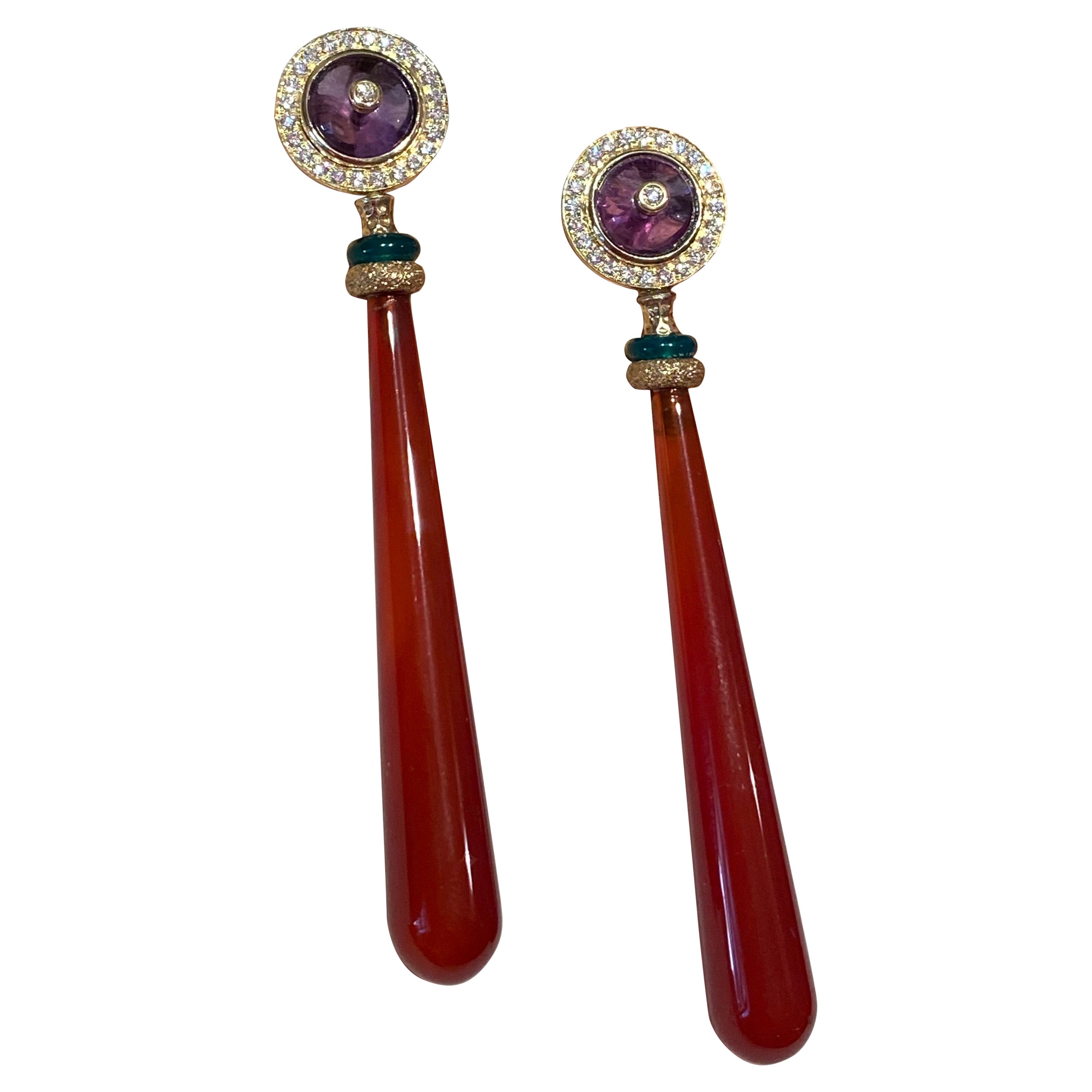 Art Deco Stil 18 Karat Gold 0,40 Karat weiße Diamanten Karneol-Ohrringe
