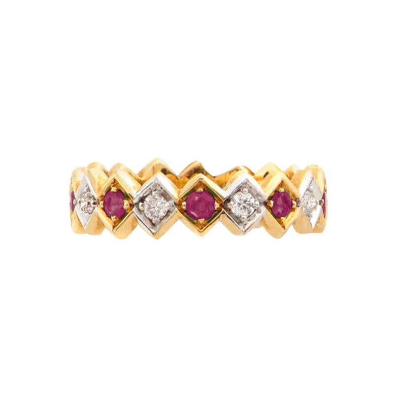Art Deco Stil 18 Karat Gold 0,18 Karat Rubin 0,08 Karat weiße Diamanten Ring im Angebot
