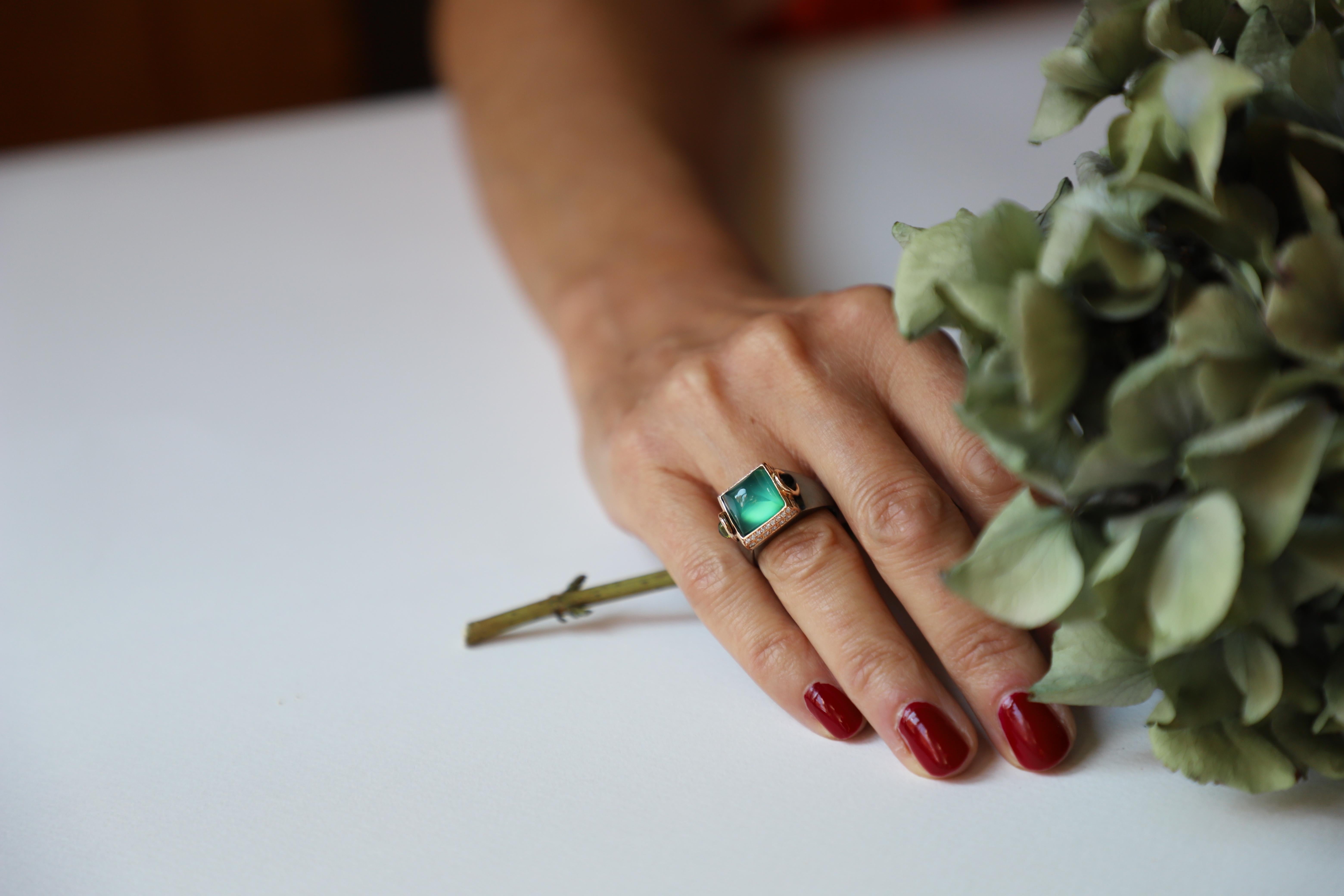 Art Deco Rossella Ugolini 18K Gold Diamond Green Agate Cocktail Ring For Sale