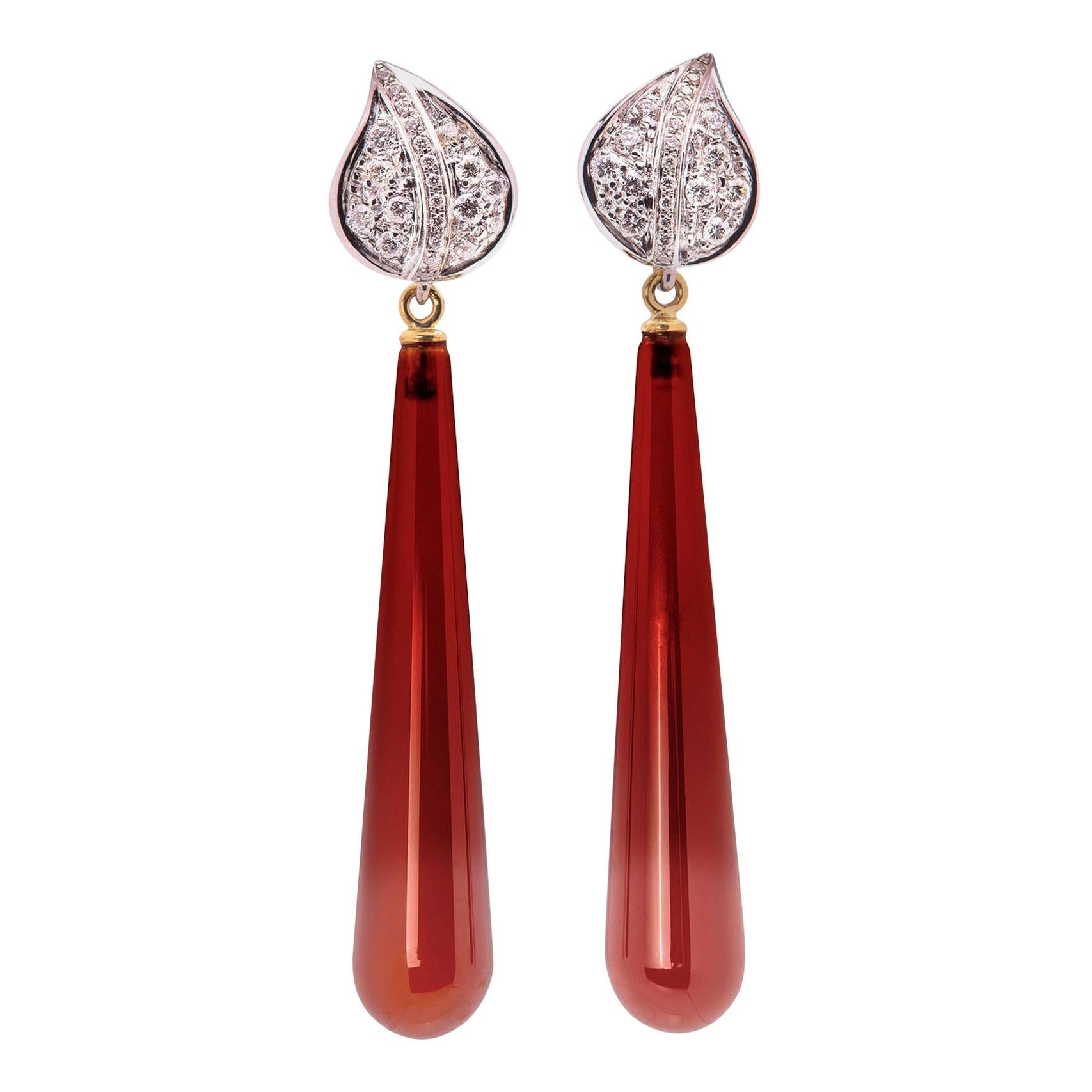 Detachable Drops 18 Karat Gold 0.39 Karat Diamonds Carnelian Dangle Earrings For Sale