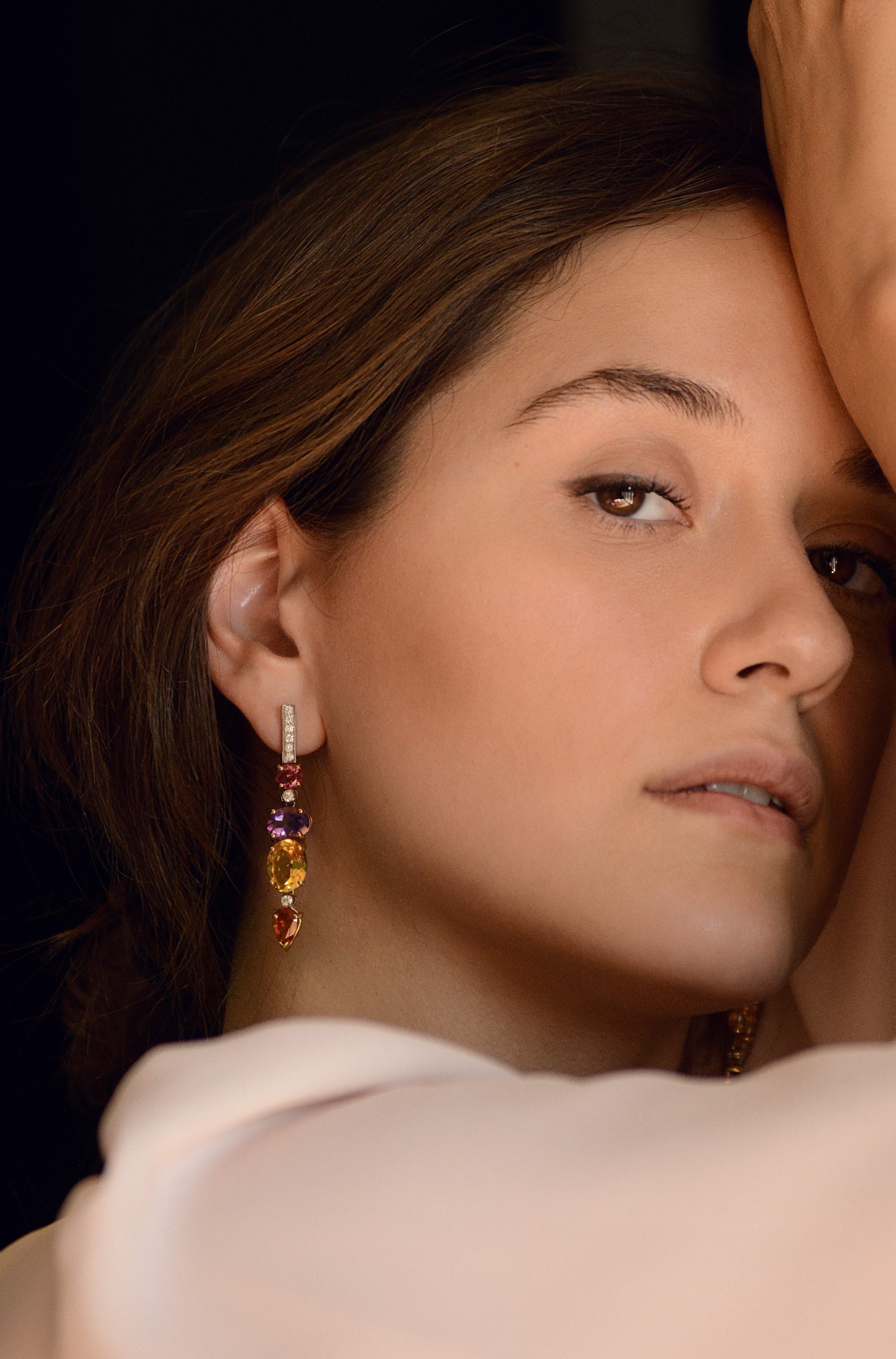Rossella Ugolini Design Collection 18 Karat Gold 0.44 Karat White Diamonds Amethyst Citrine Earrings
This Sunshine earrings, shine with their own light: the particular cut of the surface of the gems of which they are composed shines under the rays