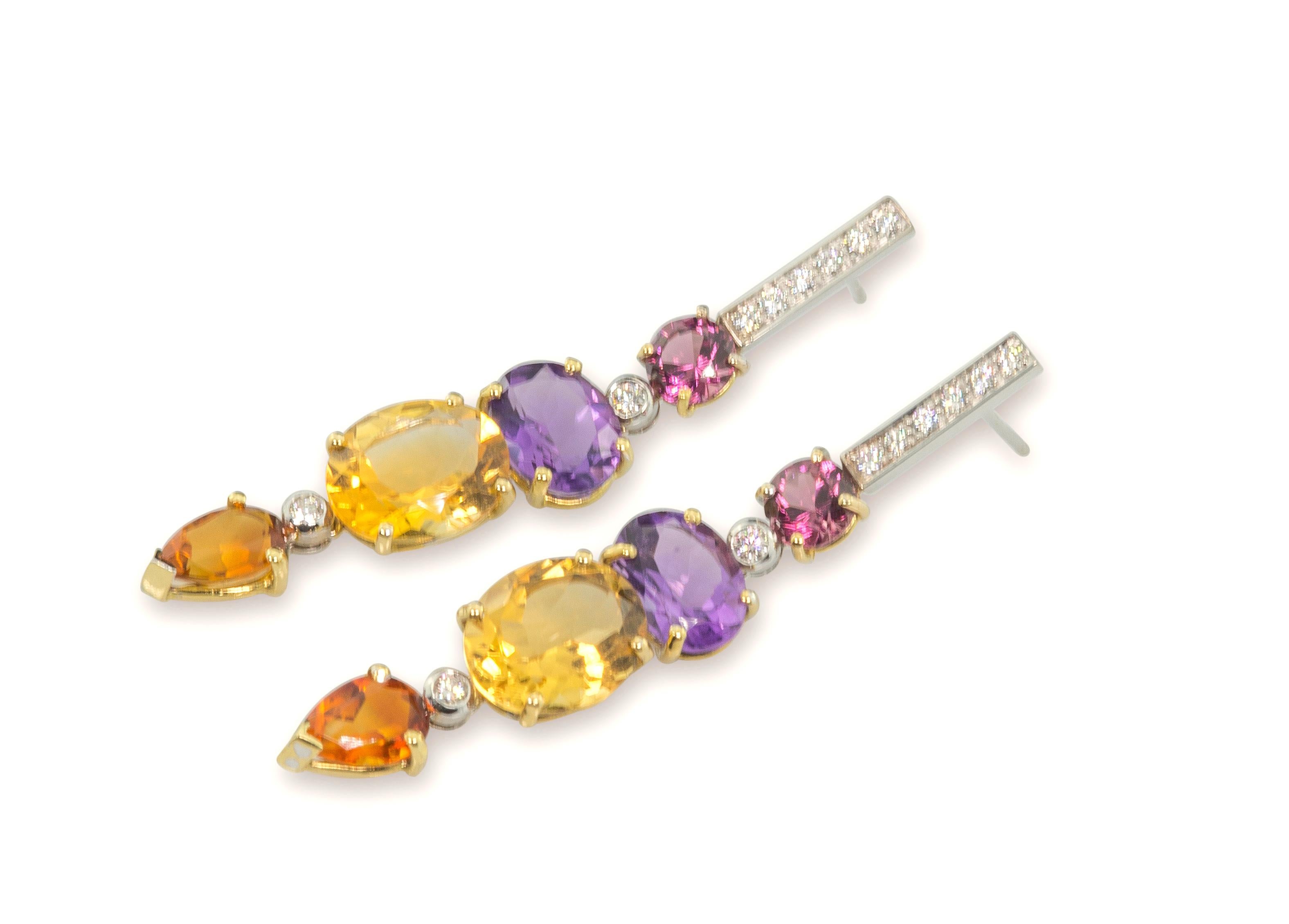 Women's Art Deco Style 18 Karat Gold 0.44 Carat White Diamonds Amethyst Citrine Earrings For Sale