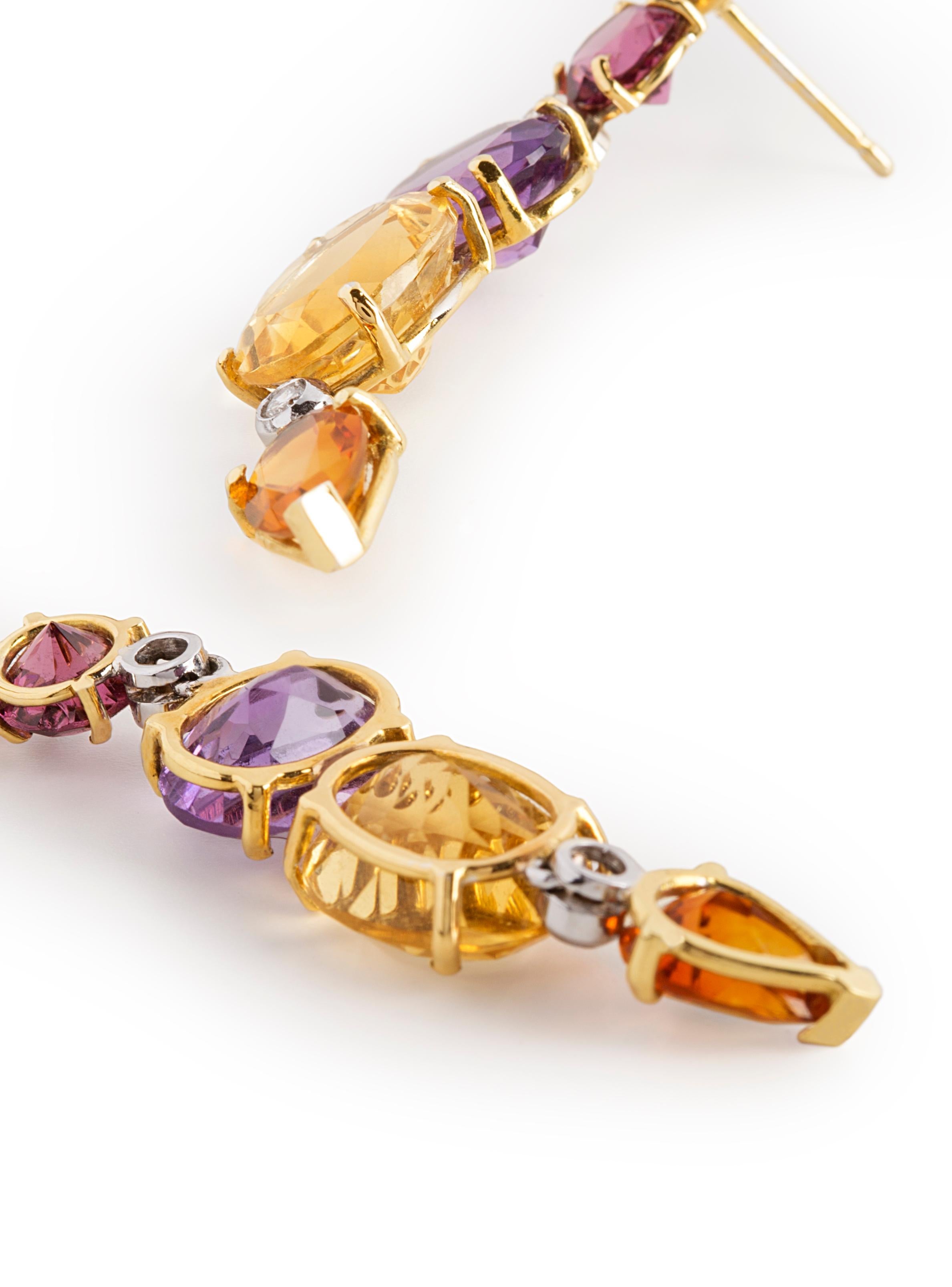 Ohrringe im Art-déco-Stil aus 18 Karat Gold mit 0,44 Karat weißen Diamanten, Amethyst und Citrin Damen im Angebot