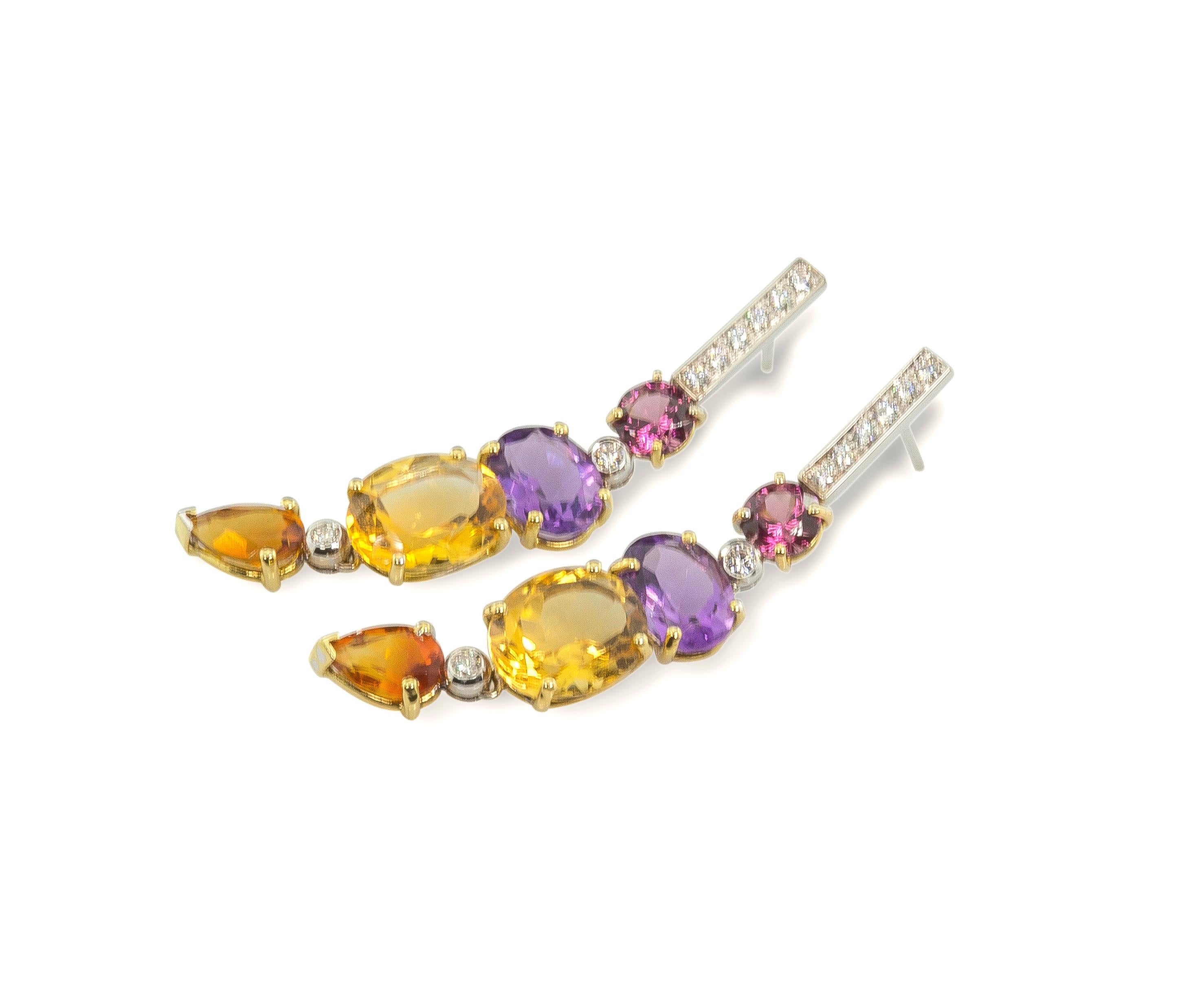 Women's Sunshine Earrings Art Deco Style 18K Gold 0.44 Karat Diamonds Rubellite Citrine  For Sale