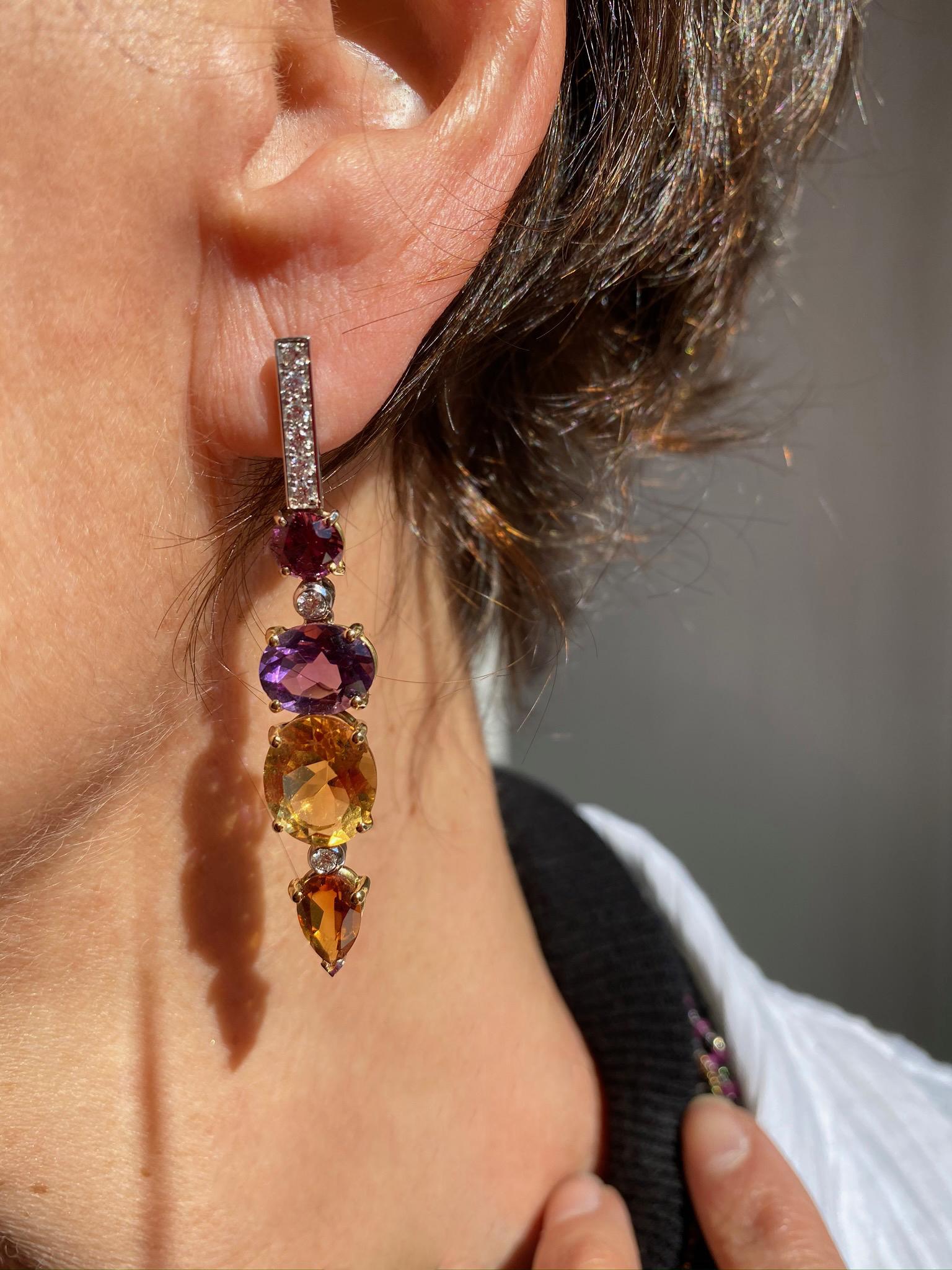 Ohrringe im Art-déco-Stil aus 18 Karat Gold mit 0,44 Karat weißen Diamanten, Amethyst und Citrin im Angebot 2