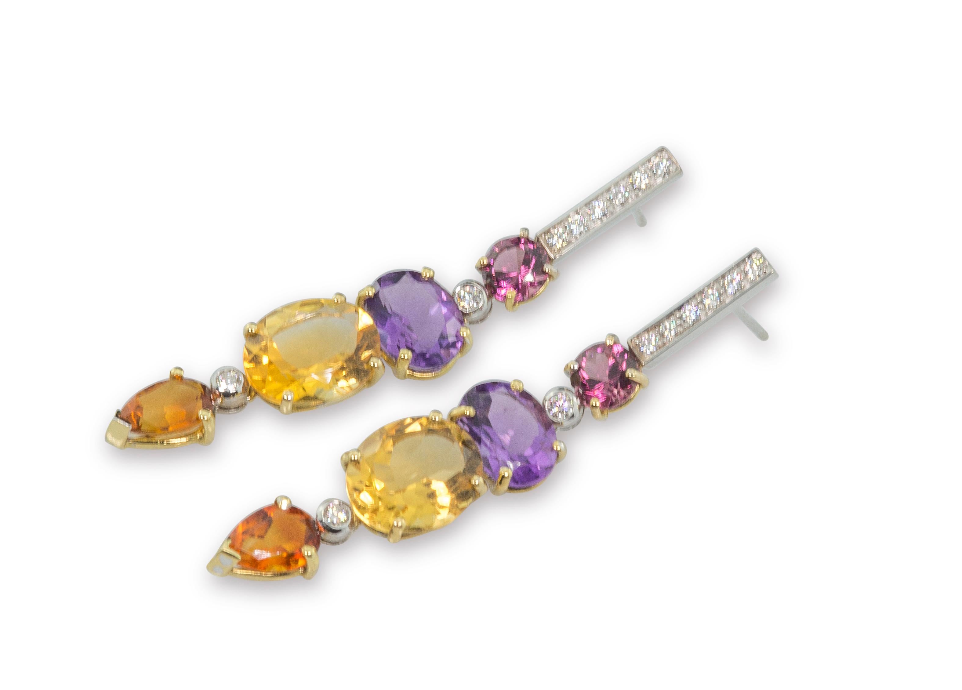 Women's Art Deco Style 18 Karat Gold 0.44 Karat White Diamonds Amethyst Citrine Earrings For Sale
