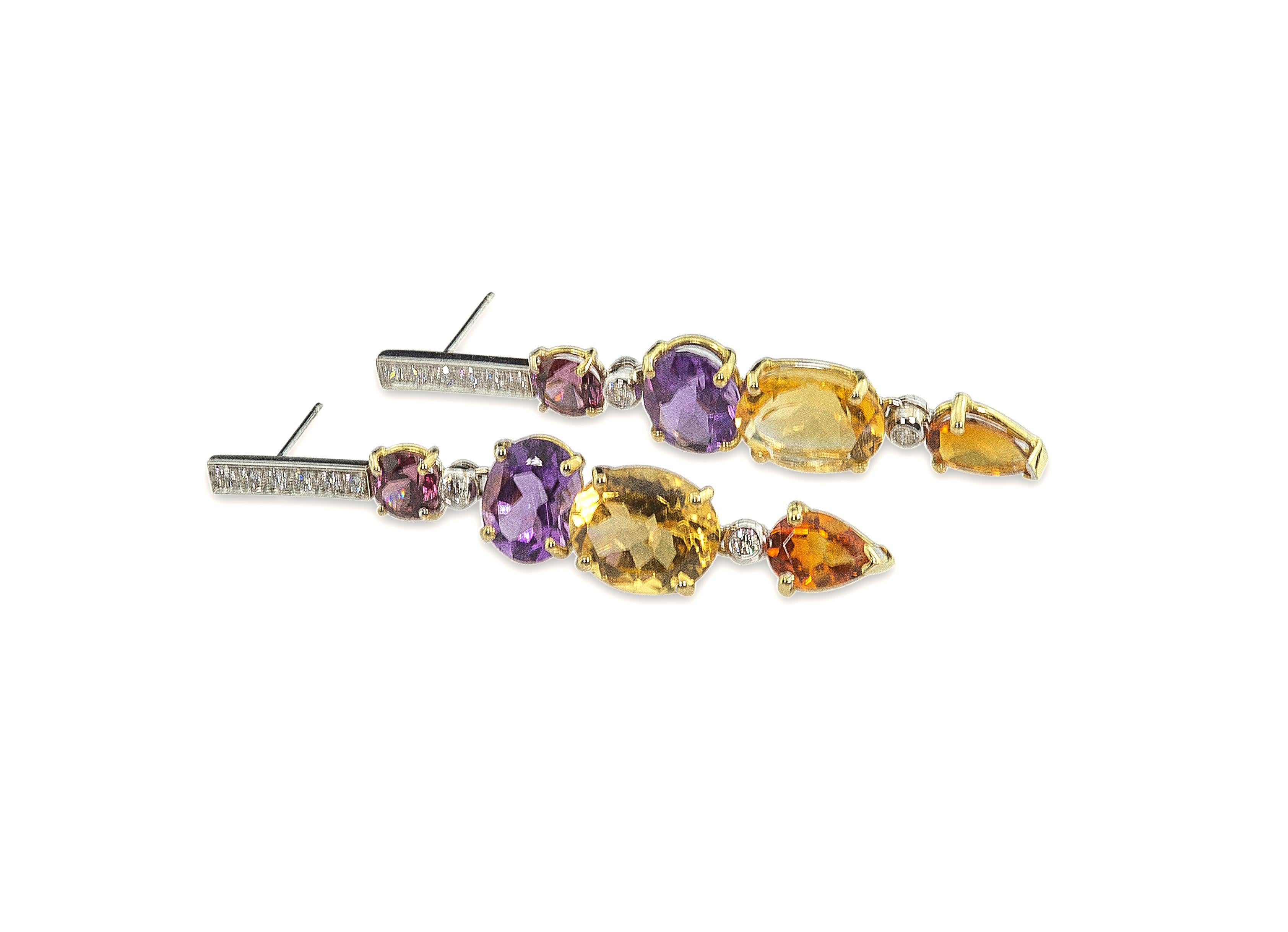 Sunshine Earrings Art Deco Style 18K Gold 0.44 Karat Diamonds Rubellite Citrine  For Sale 2