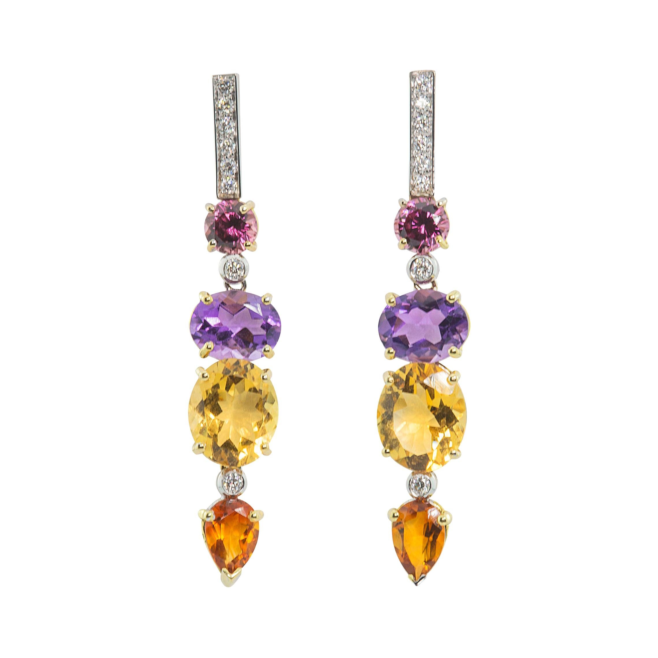 Boucles d'oreilles de style Art déco en or 18 carats avec diamants blancs 0,44 carat, améthyste et citrine
