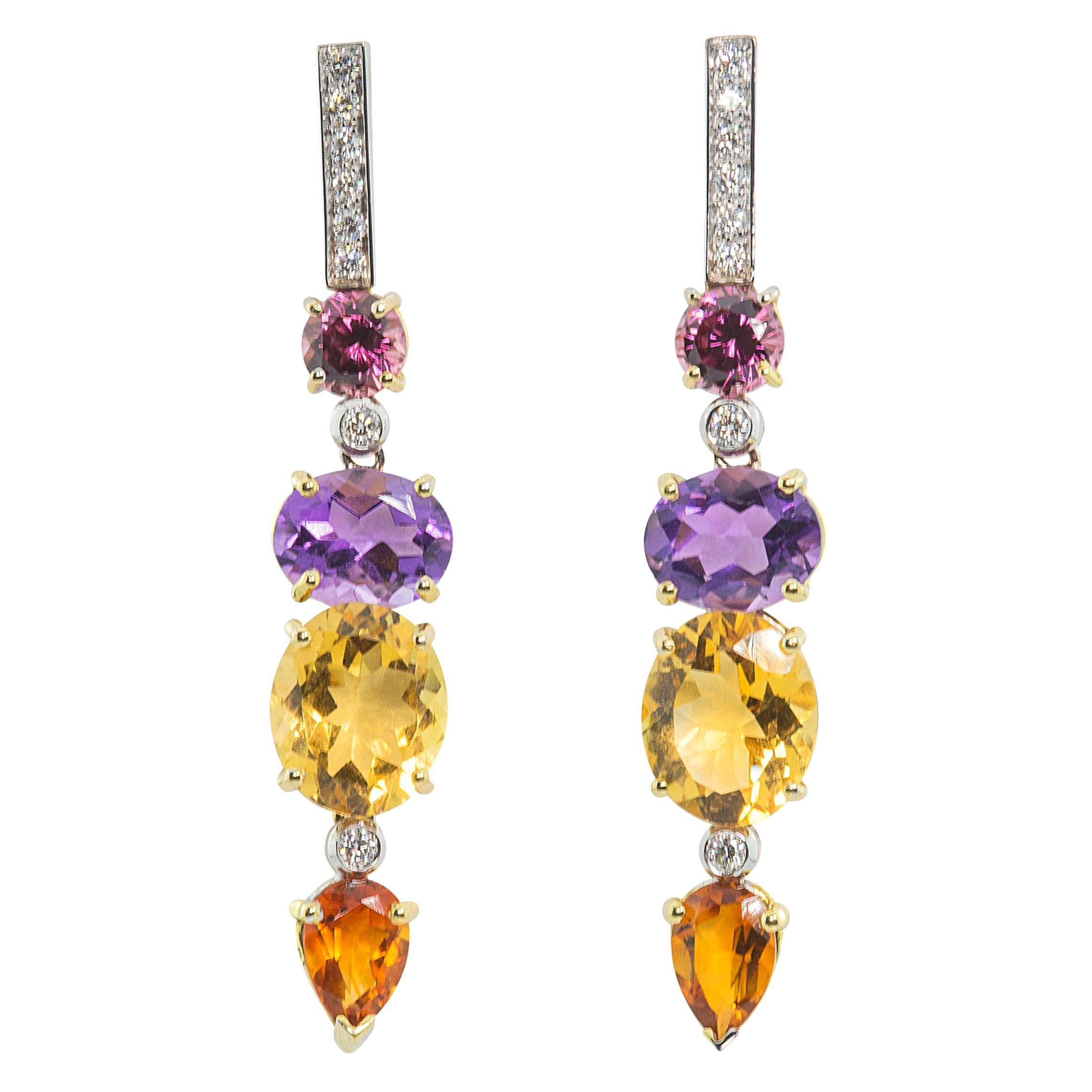 Boucles d'oreilles de style Art déco en or 18 carats, diamants blancs 0,44 carat, améthyste et citrine