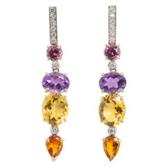 Art Deco Style 18 Karat Gold 0.44 Karat White Diamonds Amethyst Citrine Earrings