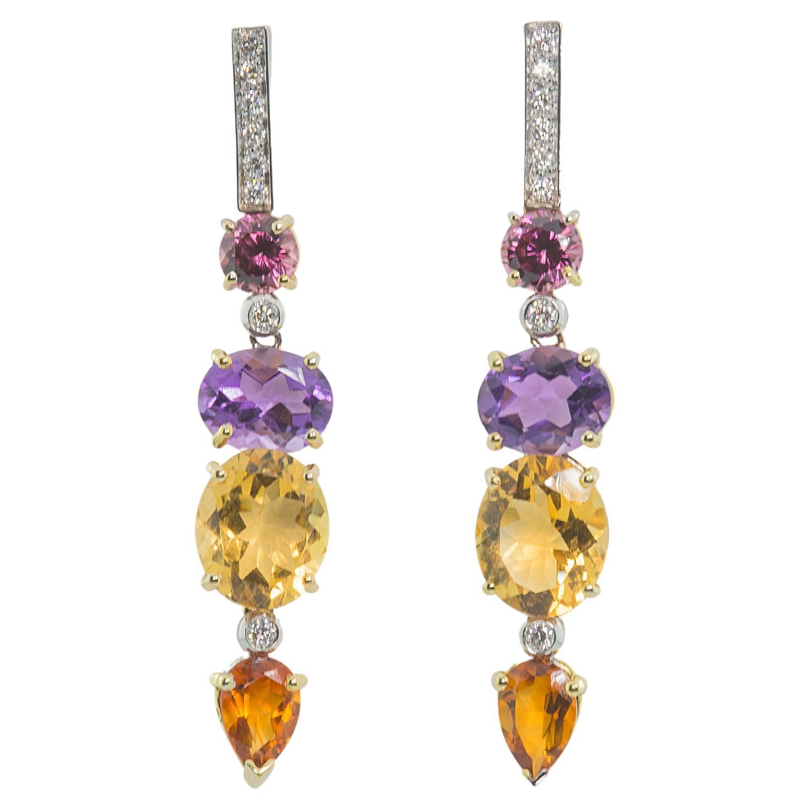 Art Deco Style 18 Karat Gold 0.44 Karat White Diamonds Amethyst Citrine Earrings For Sale