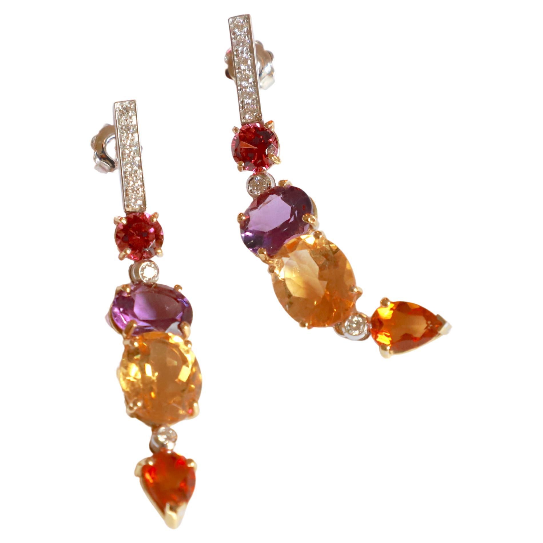 Art Deco Style 18 Karat Gold 0.44 Karat White Diamonds Amethyst Citrine Earrings For Sale