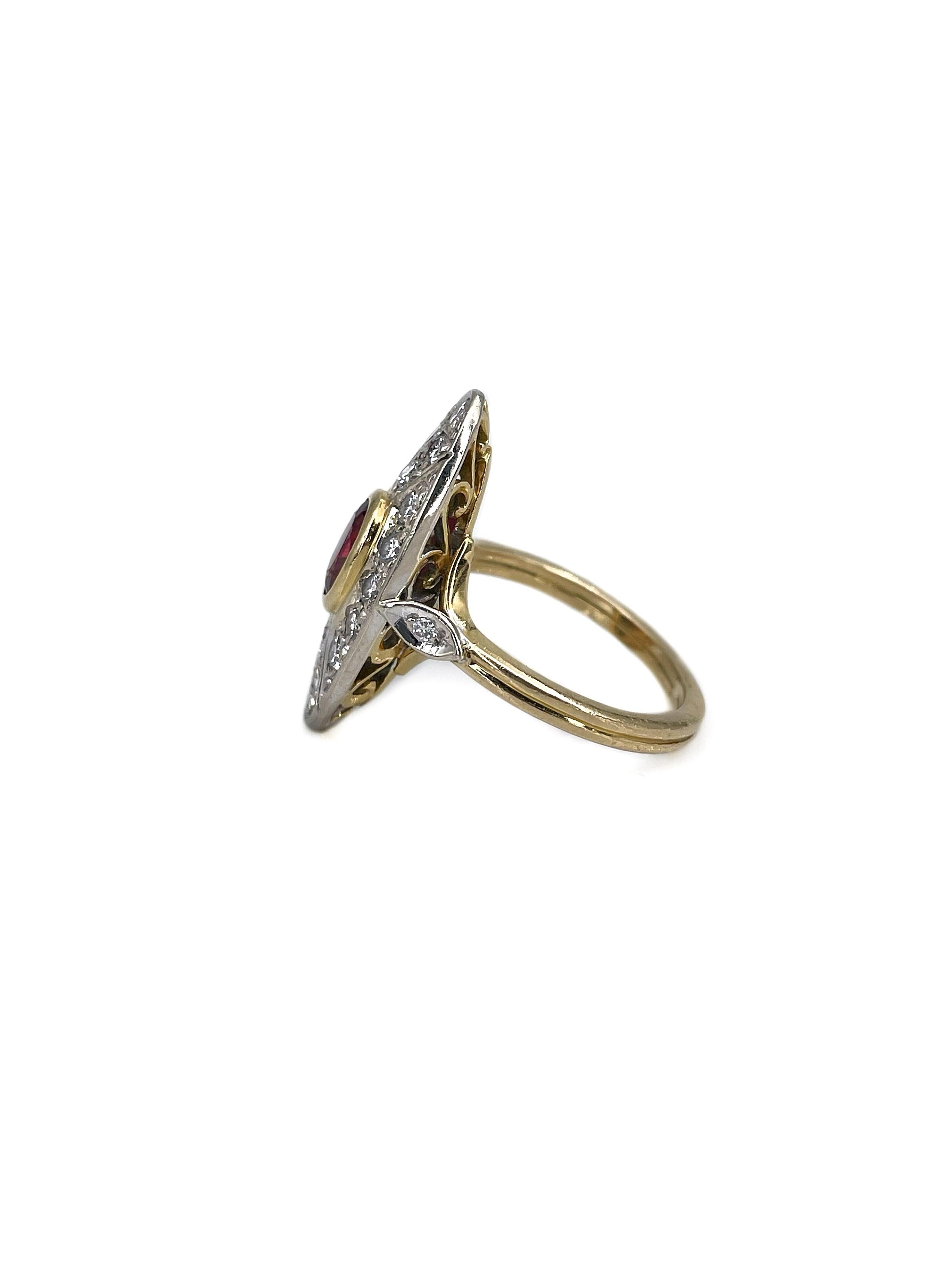 This is an Art Deco style mid XX century navette ring crafted in 18K gold. Circa 1950.

 It features:
- 1 ruby: oval cut, 0.65ct, slpR 7/4, P1
- 20 diamonds: brilliant cut, 0.55ct, RW-W, VS-SI

Weight: 5.20g 
Size: 15.75 (US 5.25)

IMPORTANT: please