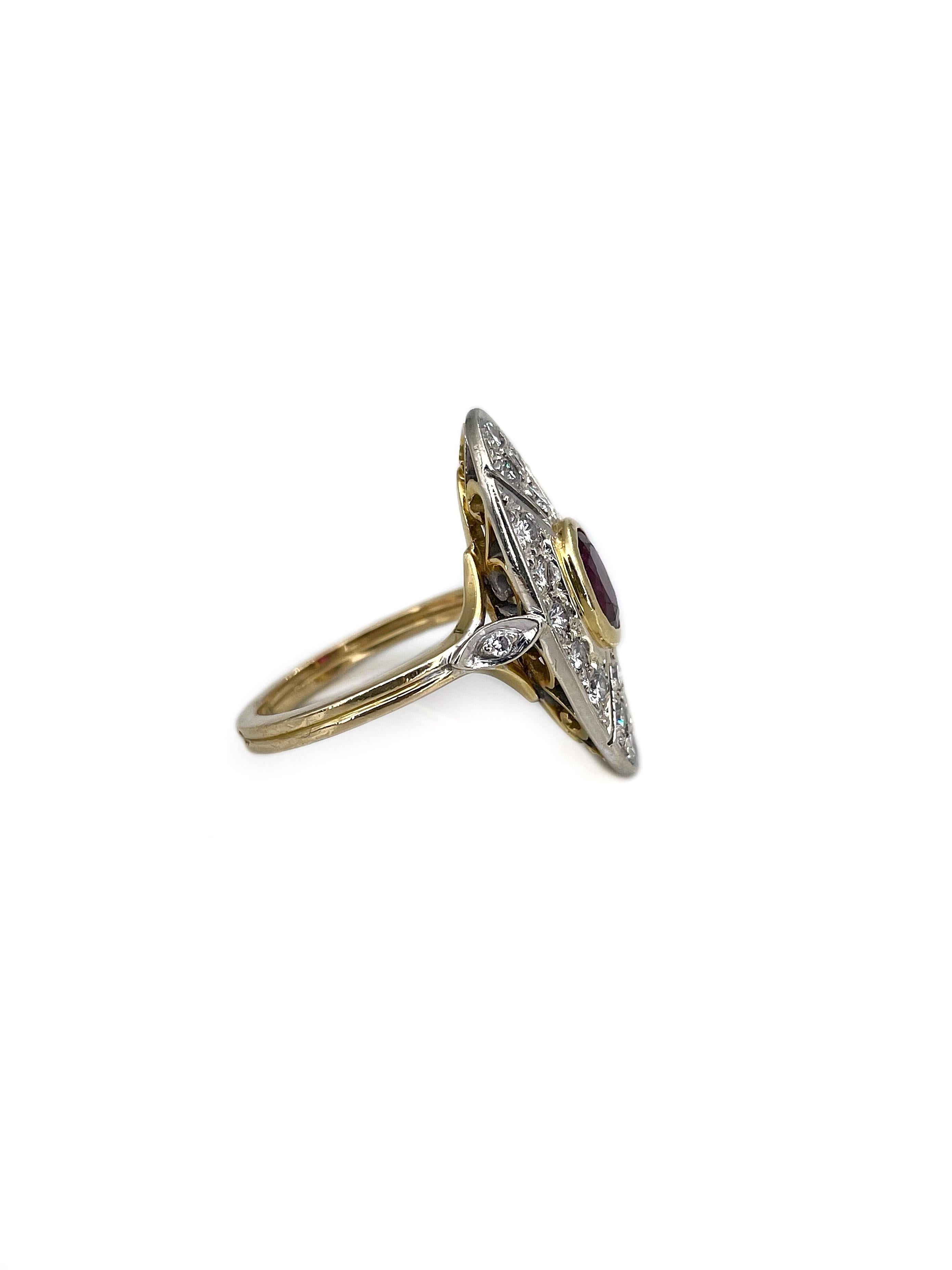 Mixed Cut Mid Century 18 Karat Gold 0.65 Carat Ruby 0.55 Carat Diamond Navette Ring For Sale