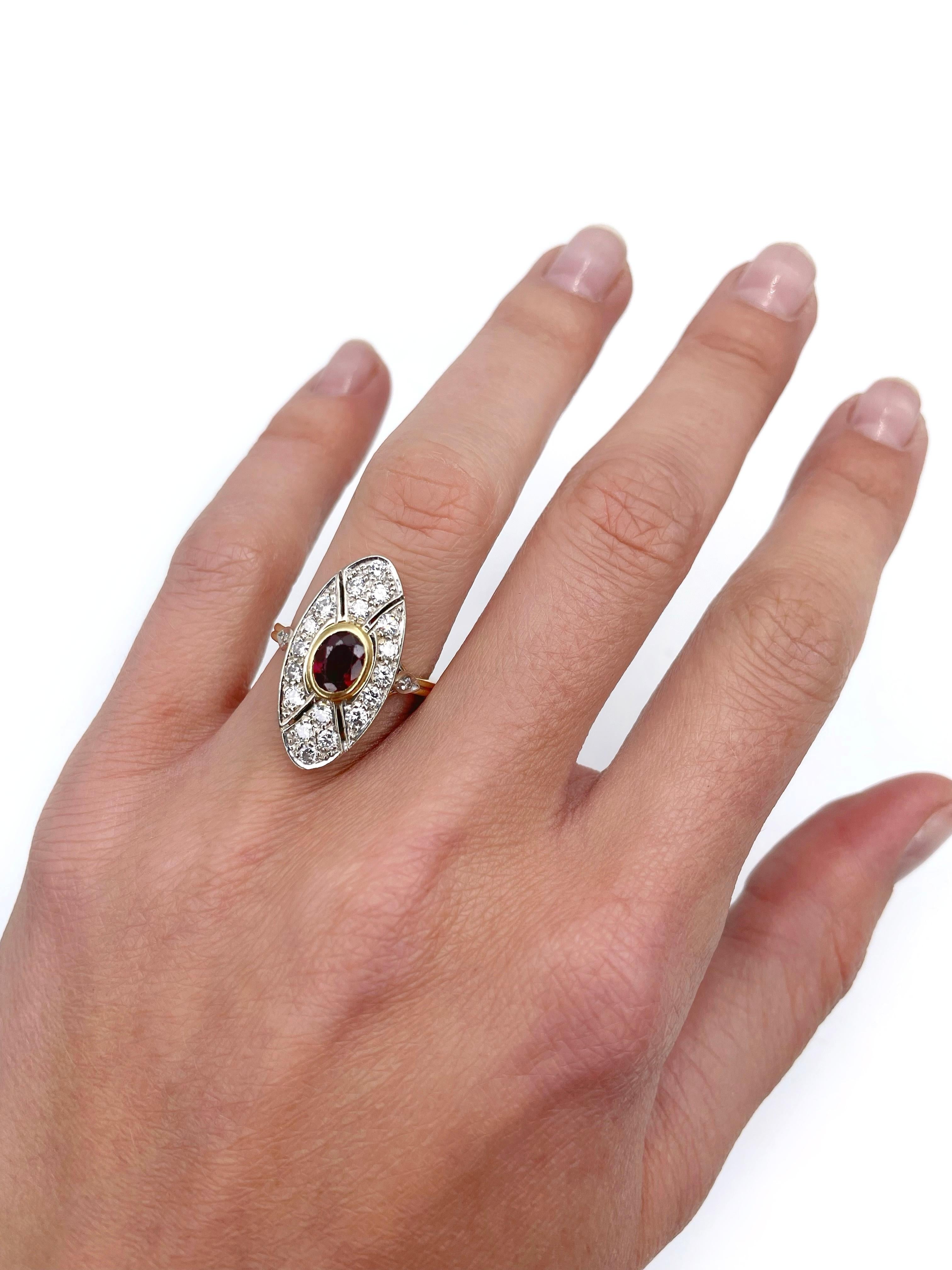 Mid Century 18 Karat Gold 0.65 Carat Ruby 0.55 Carat Diamond Navette Ring In Good Condition For Sale In Vilnius, LT