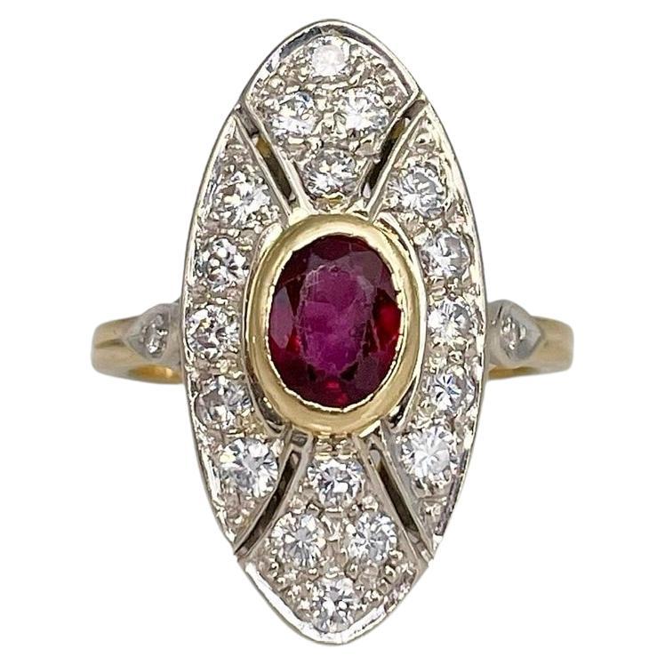 Mid Century 18 Karat Gold 0.65 Carat Ruby 0.55 Carat Diamond Navette Ring For Sale