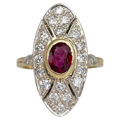 Vintage Mid Century 18 Karat Gold 0.65 Carat Ruby 0.55 Carat Diamond Navette Ring