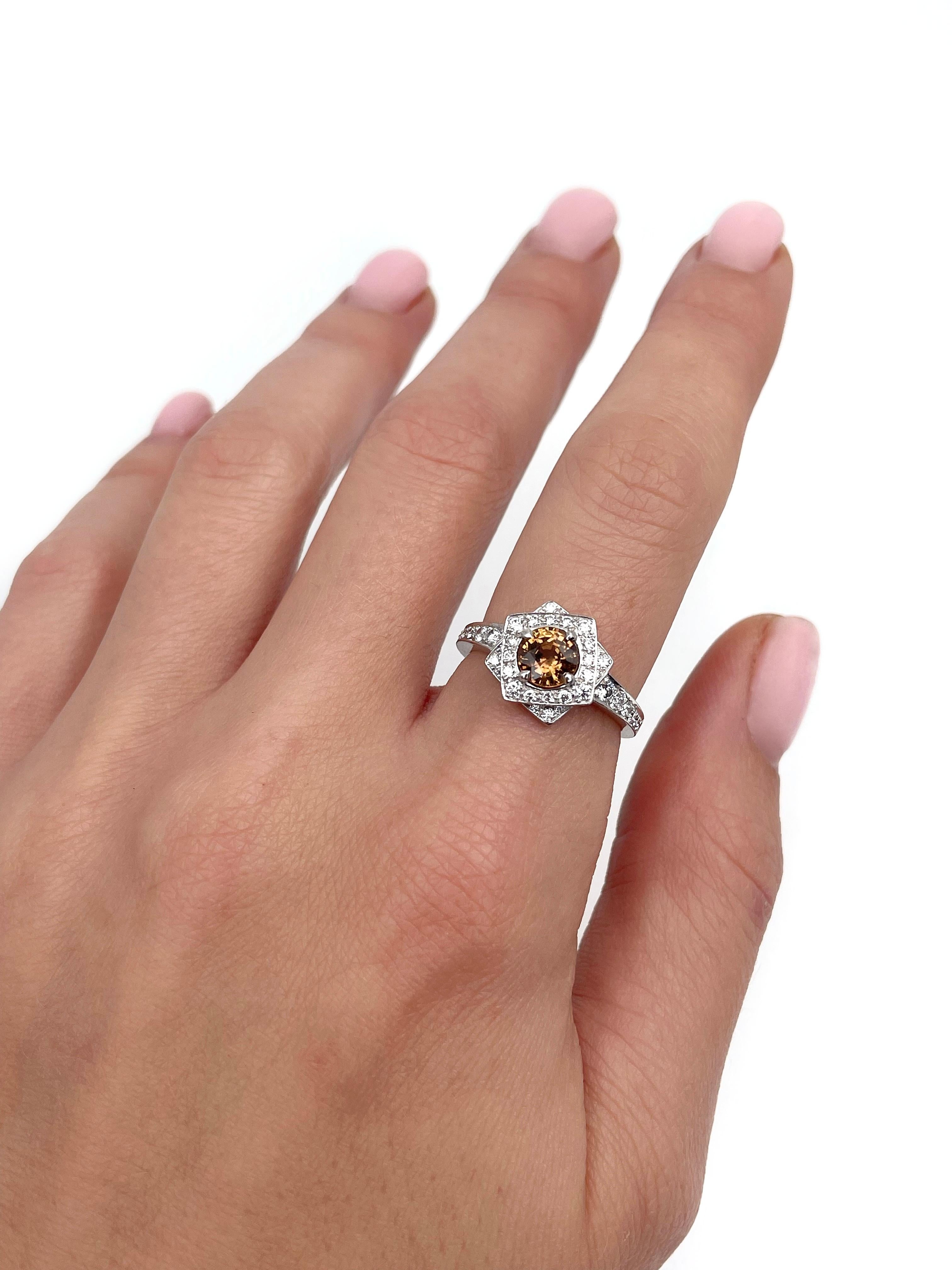Women's Art Deco Style 18 Karat Gold 1 Carat Yellow Orange Sapphire Diamond Cluster Ring
