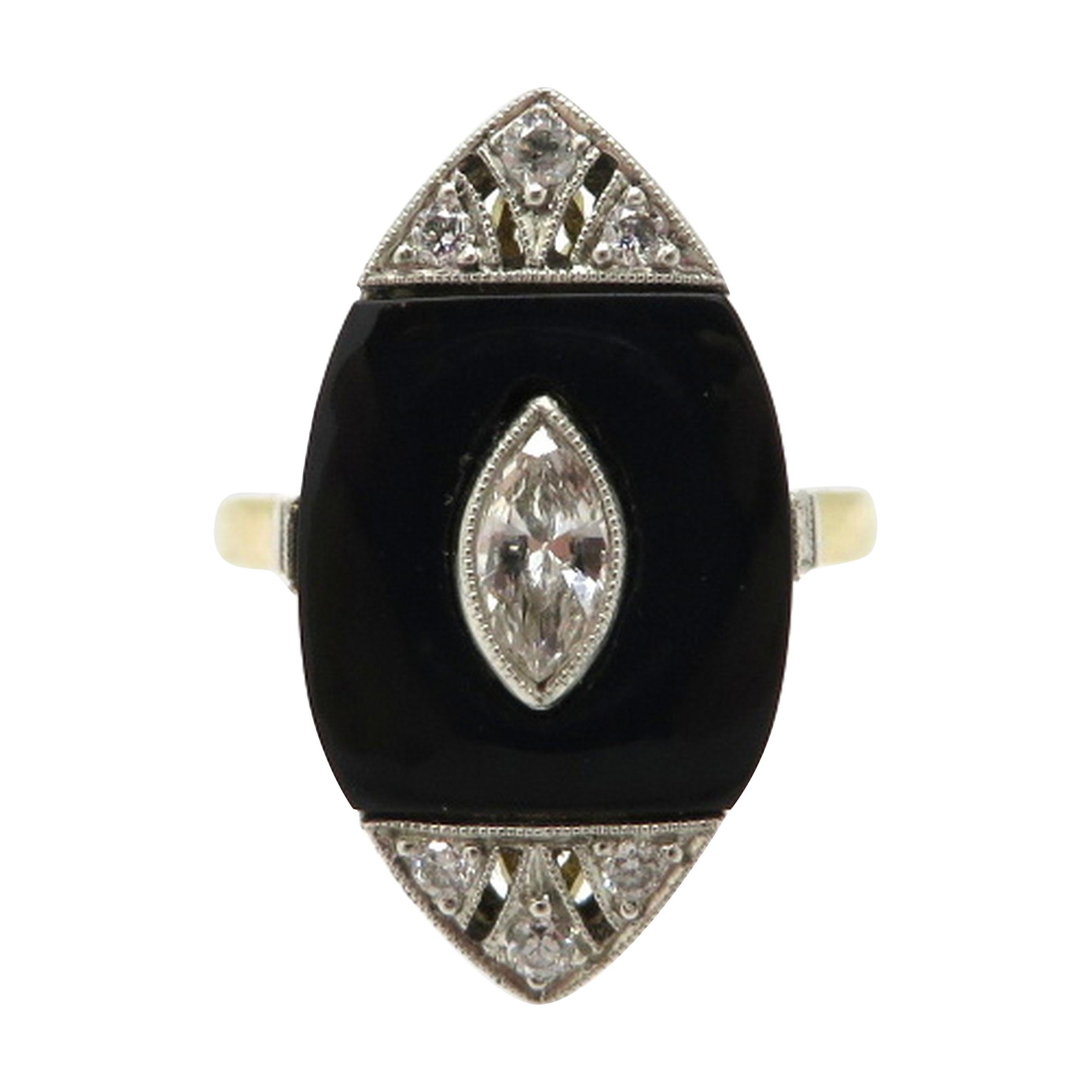 Art Deco Style 18 Karat Gold and Platinum Black Onyx and Diamond Navette Ring