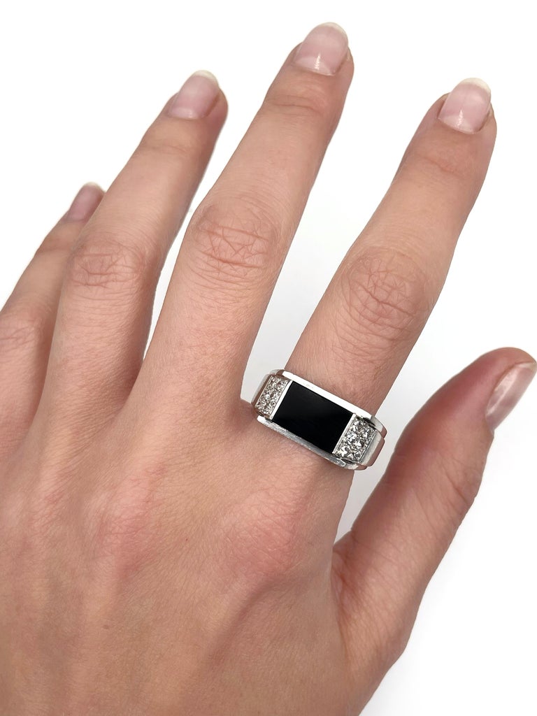 Art Deco Style 18 Karat Gold Black Onyx Diamond Ring For Sale at 1stDibs