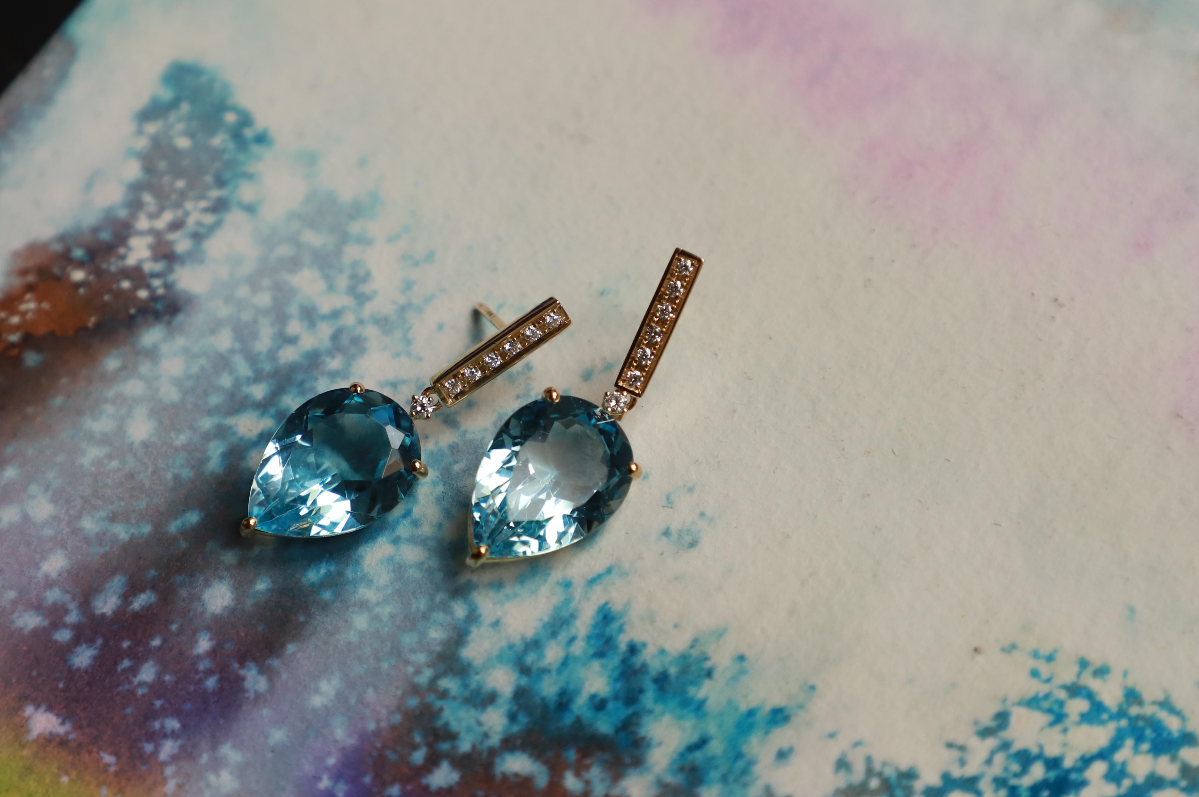 Limited Edition 18K Gold Blue Topaz 0.12C White Diamonds Rain Drops Earrings For Sale 2
