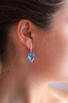 Art Deco Style 18 Karat Gold Blue Topaz 0.06 Karat White Diamonds Earrings